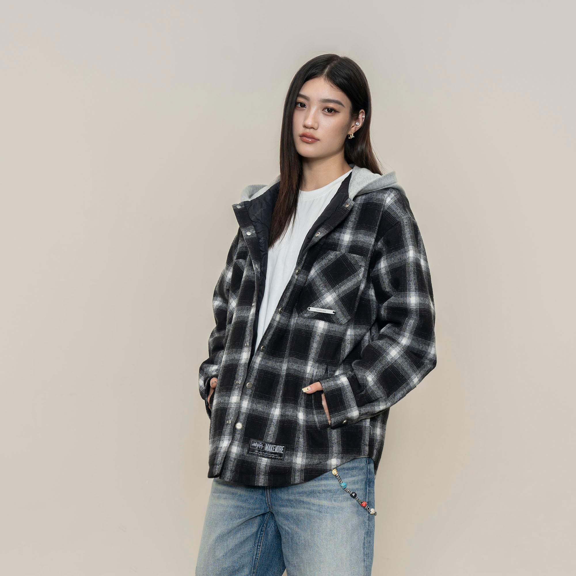 MAKEMORE Plaid Pocket Hooded Insulated Shirt
