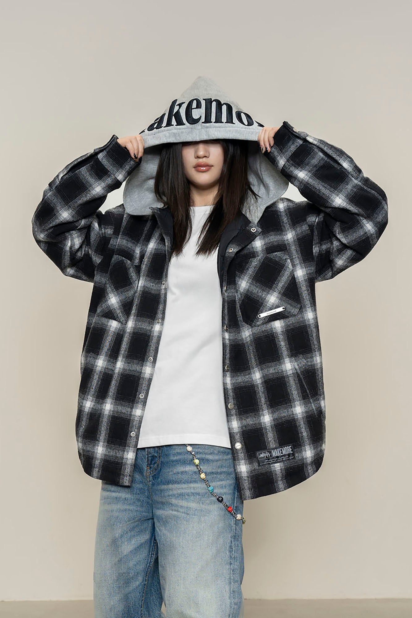 MAKEMORE Plaid Pocket Hooded Insulated Shirt