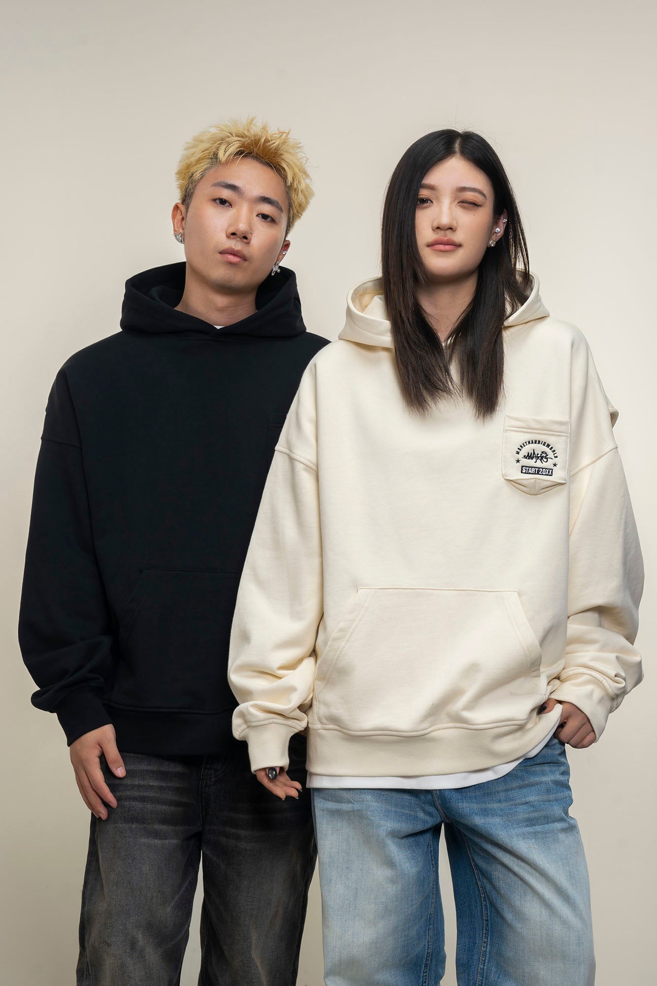 MAKEMORE Faux-Layer Embroidered Pocket Hoodie, premium urban and streetwear designers apparel on PROJECTISR.com, MAKEMORE