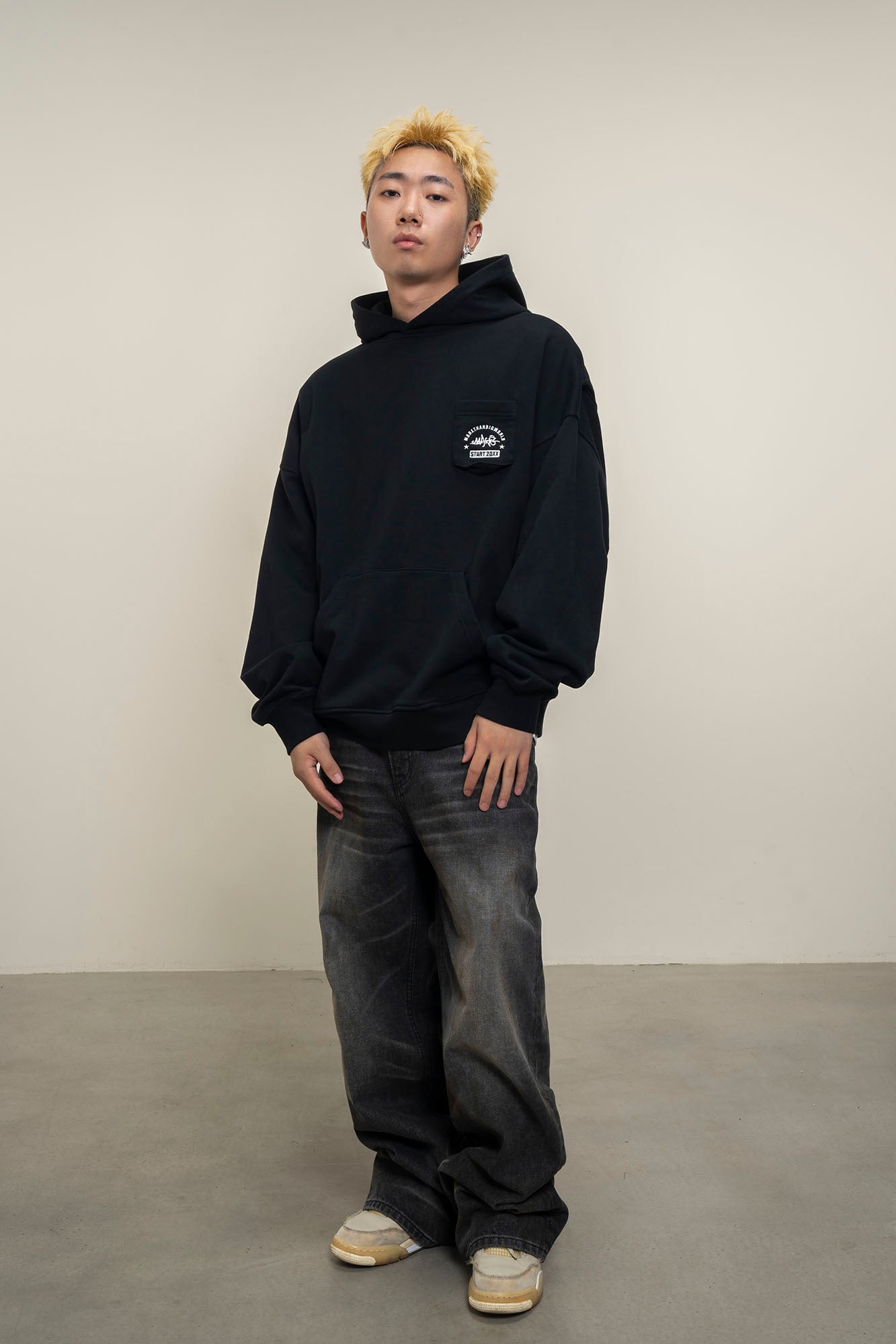 MAKEMORE Faux-Layer Embroidered Pocket Hoodie, premium urban and streetwear designers apparel on PROJECTISR.com, MAKEMORE
