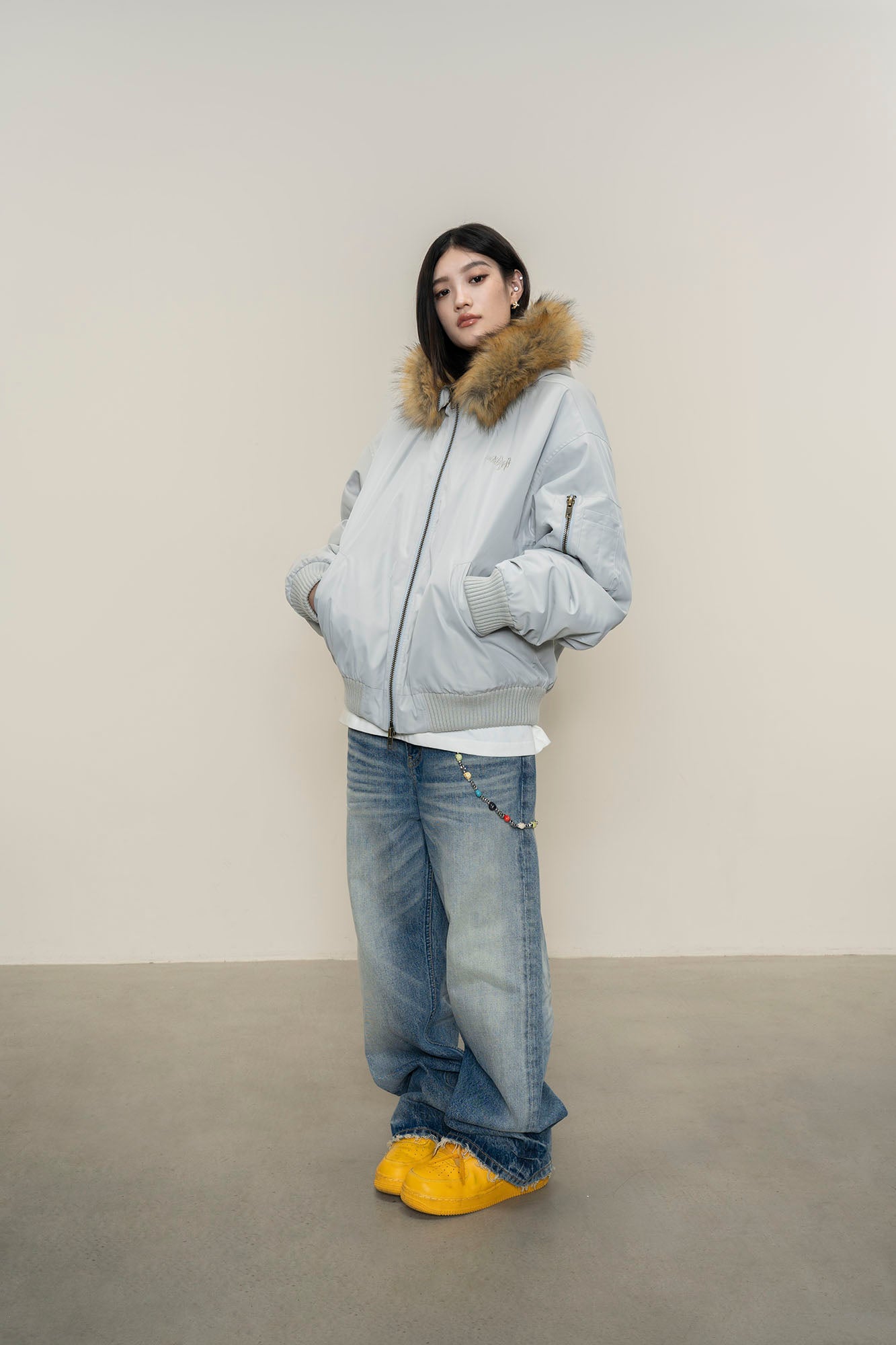 MAKEMORE Detachable Faux Fur Trim Satin Bomber Jacket