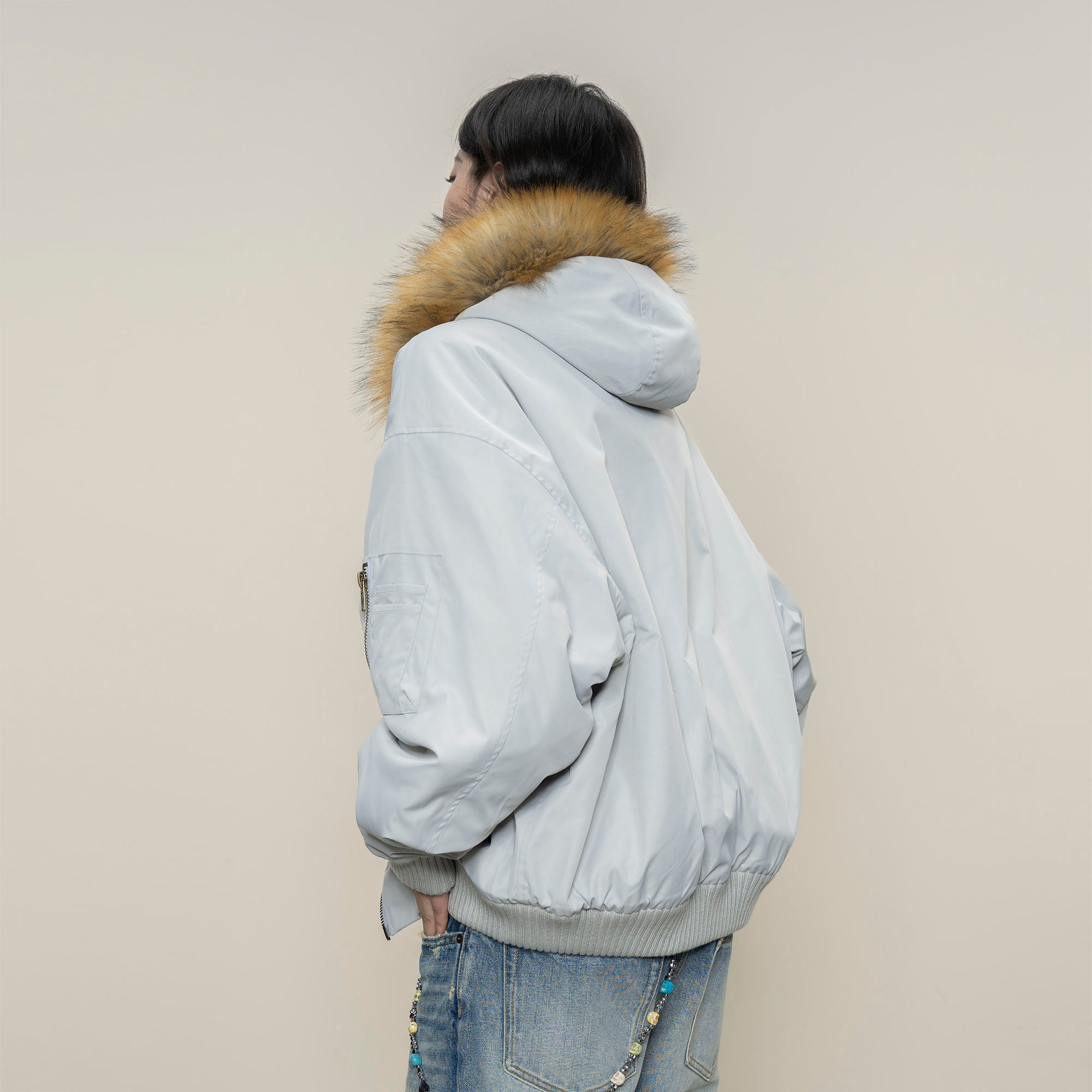 MAKEMORE Detachable Faux Fur Trim Satin Bomber Jacket