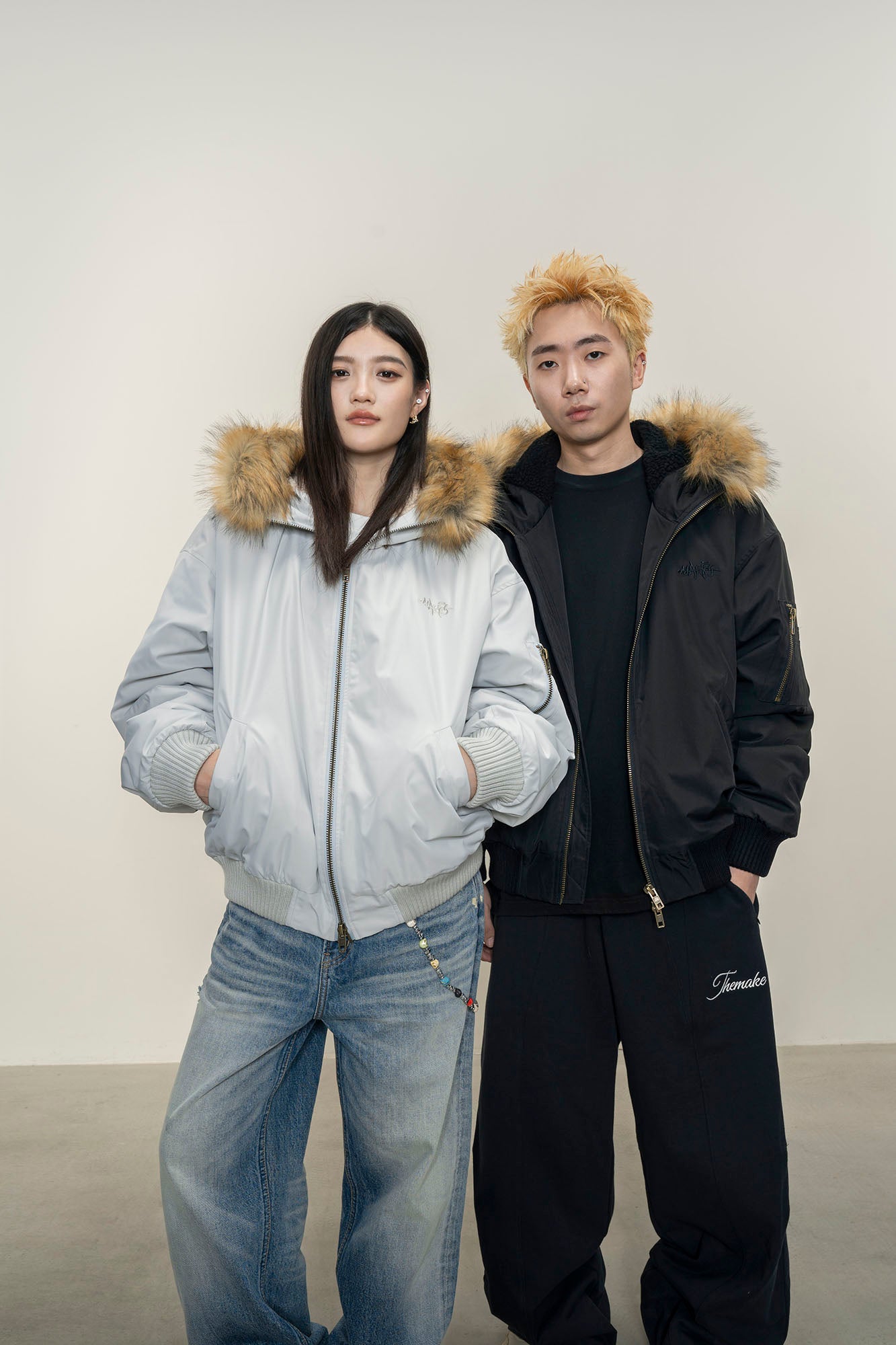 MAKEMORE Detachable Faux Fur Trim Satin Bomber Jacket