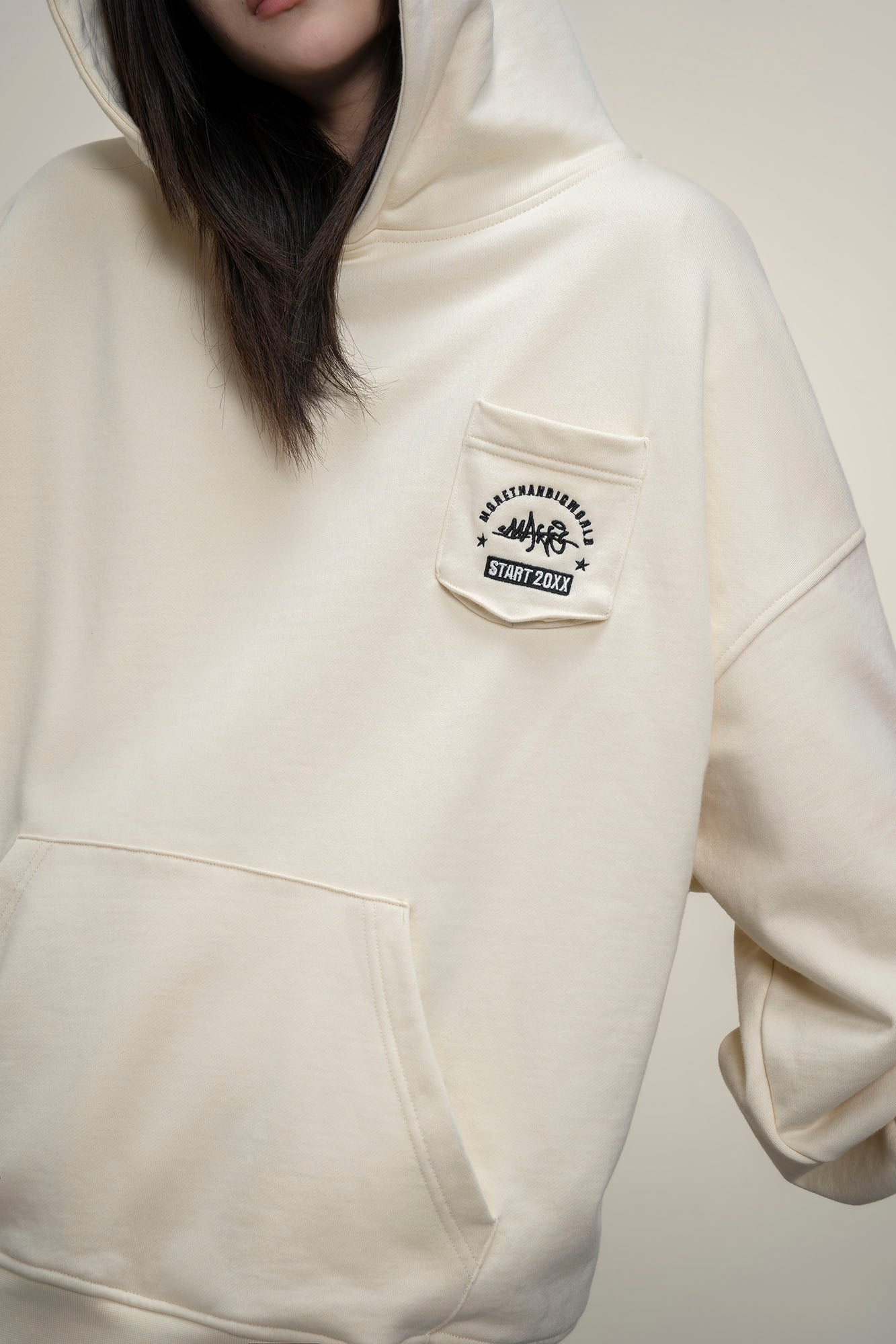 MAKEMORE Faux-Layer Embroidered Pocket Hoodie, premium urban and streetwear designers apparel on PROJECTISR.com, MAKEMORE