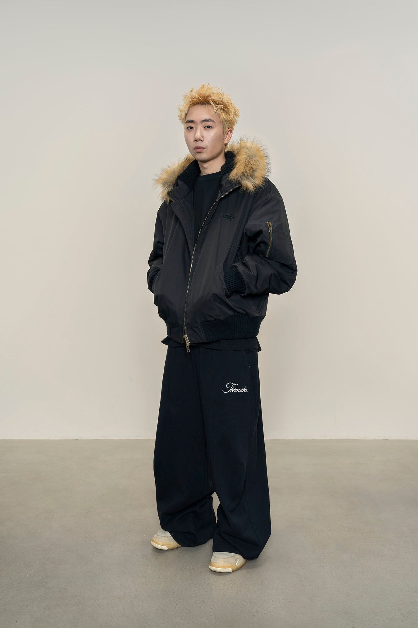 MAKEMORE Detachable Faux Fur Trim Satin Bomber Jacket