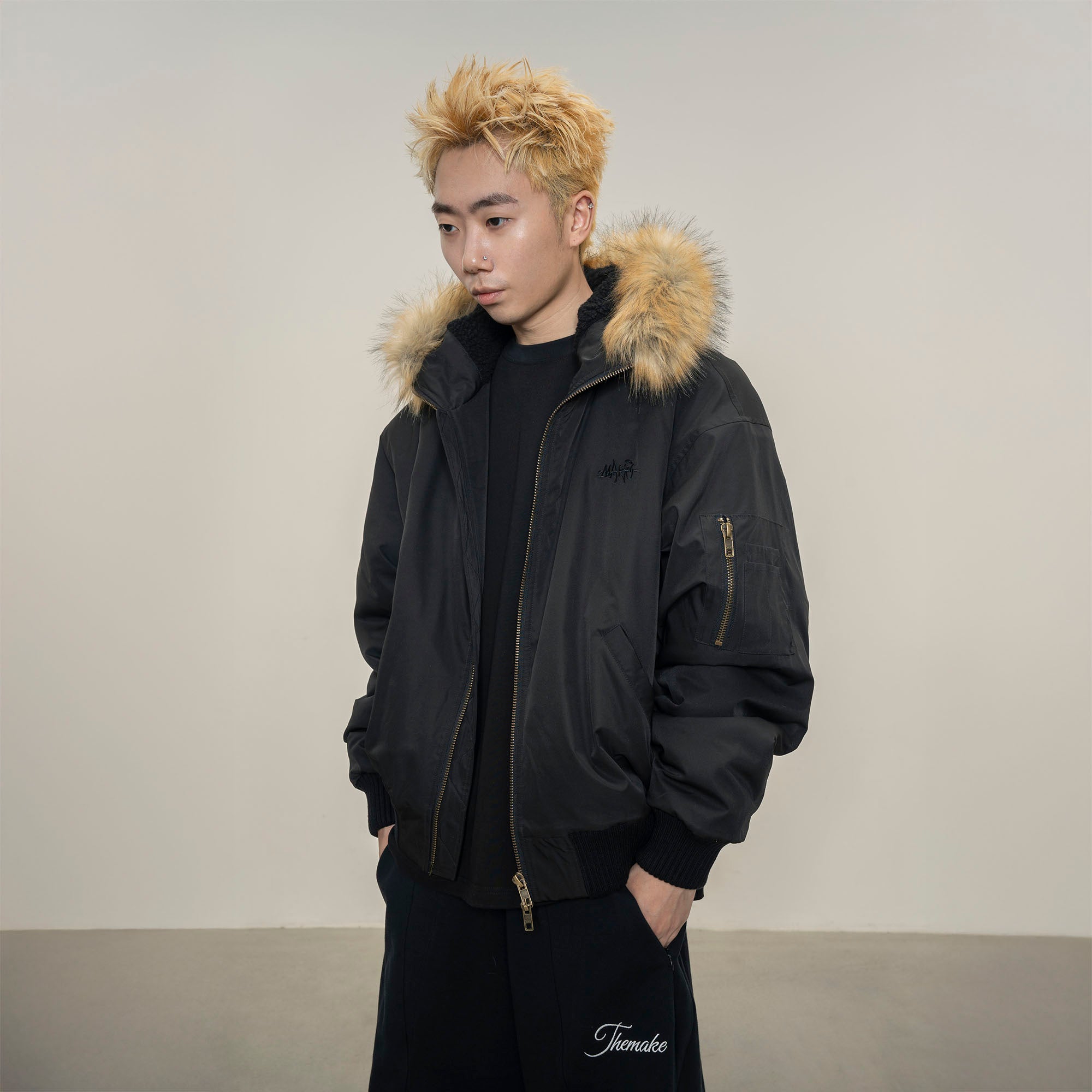 MAKEMORE Detachable Faux Fur Trim Satin Bomber Jacket