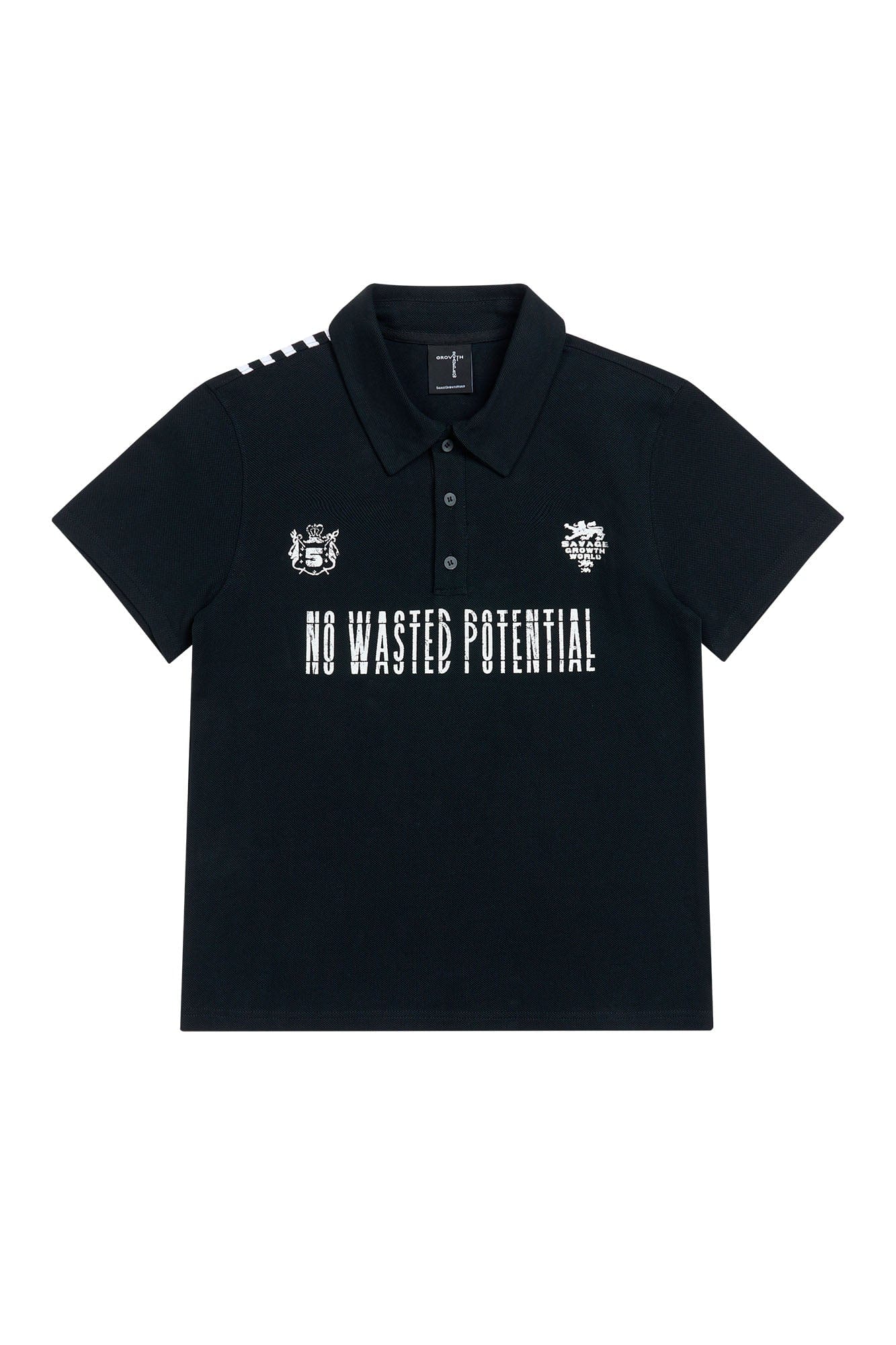 SAVAGEGROWTHWORLD No Wasted Potential Stripe-Back Polo T-Shirt, premium urban and streetwear designers apparel on PROJECTISR.com, SAVAGEGROWTHWORLD