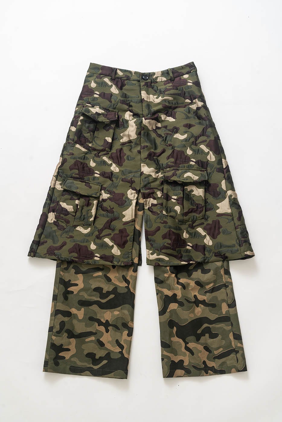 KADAKADA Dinosaur-Camo Embossed Multi-Pocket Skirt Pants, premium urban and streetwear designers apparel on PROJECTISR.com, KADAKADA