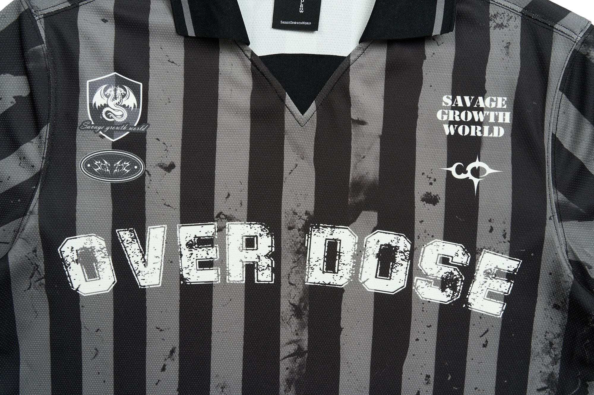 SAVAGEGROWTHWORLD OVERDOSE Distressed Striped Jersey, premium urban and streetwear designers apparel on PROJECTISR.com, SAVAGEGROWTHWORLD