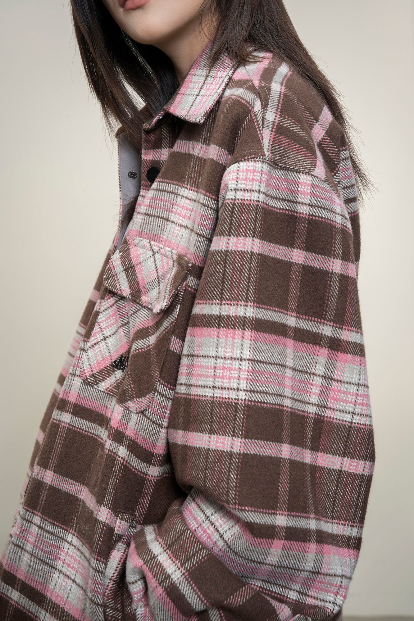 MAKEMORE Plaid Flap Pocket Oversized Shirt