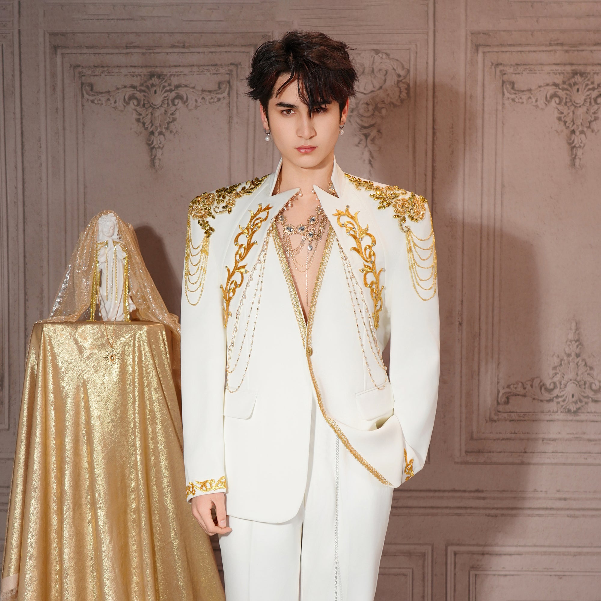 SHANG JIE Baroque Embroidered Chain-Draped Blazer, premium urban and streetwear designers apparel on PROJECTISR.com, SHANG JIE