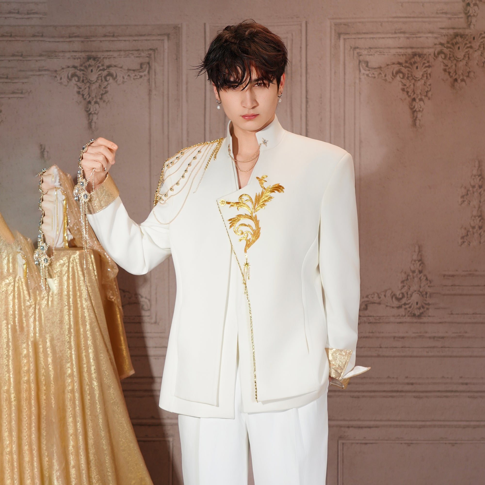 SHANG JIE Asymmetrical Placket Chain-Draped Embroidered Blazer, premium urban and streetwear designers apparel on PROJECTISR.com, SHANG JIE