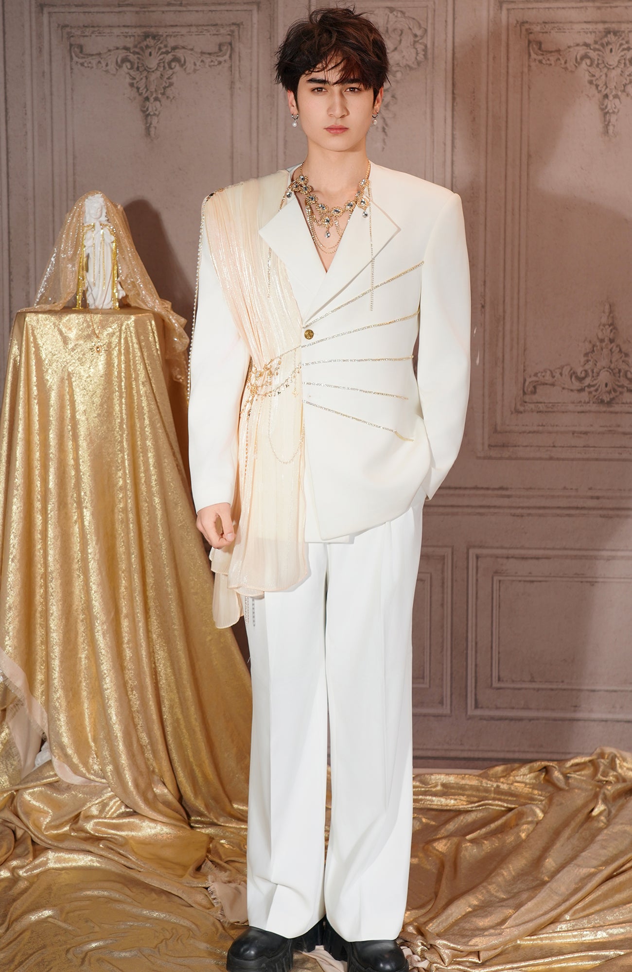 SHANG JIE Chain-Draped Sheer Panel Blazer, premium urban and streetwear designers apparel on PROJECTISR.com, SHANG JIE