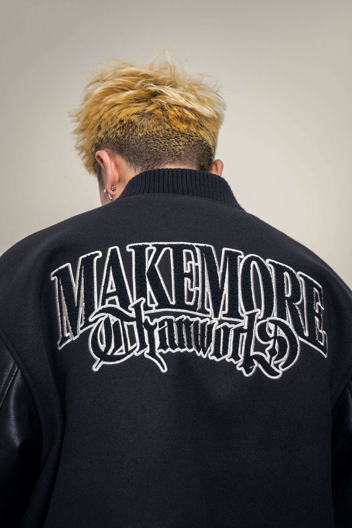 MAKEMORE Gothic Patch PU Sleeve Padded Varsity Jacket