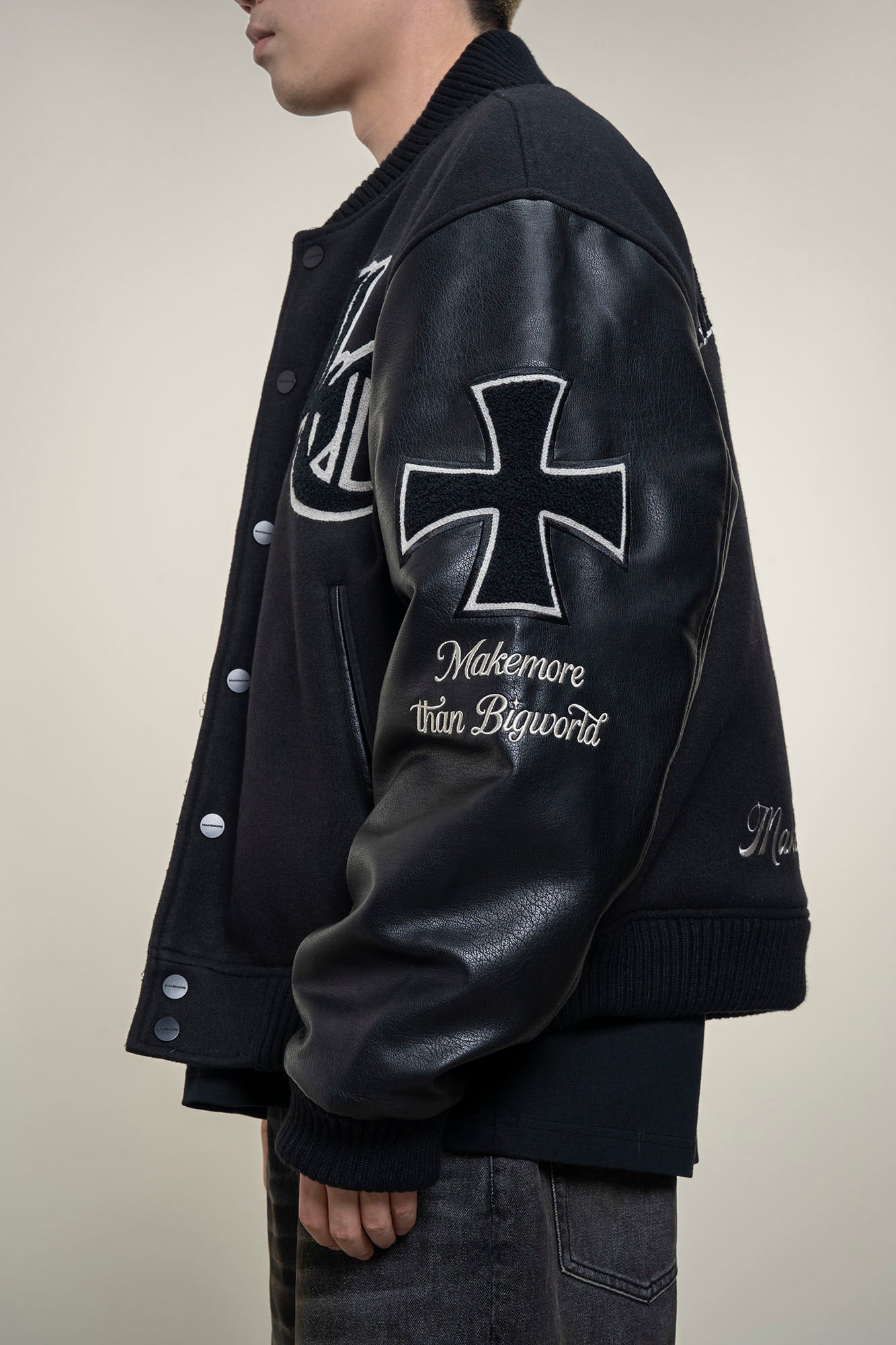 MAKEMORE Gothic Patch PU Sleeve Padded Varsity Jacket