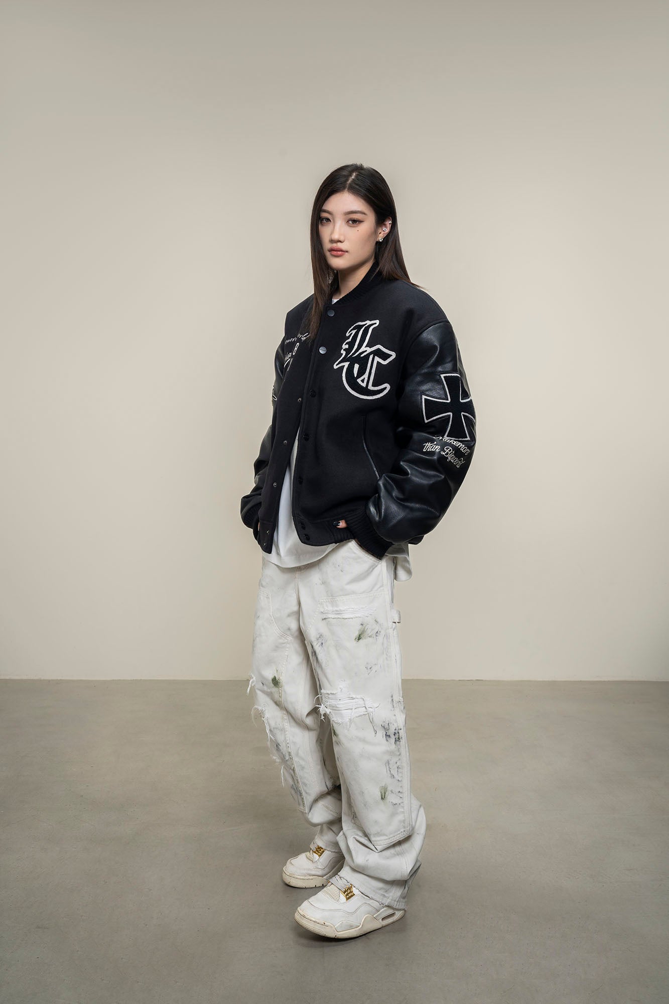 MAKEMORE Gothic Patch PU Sleeve Padded Varsity Jacket