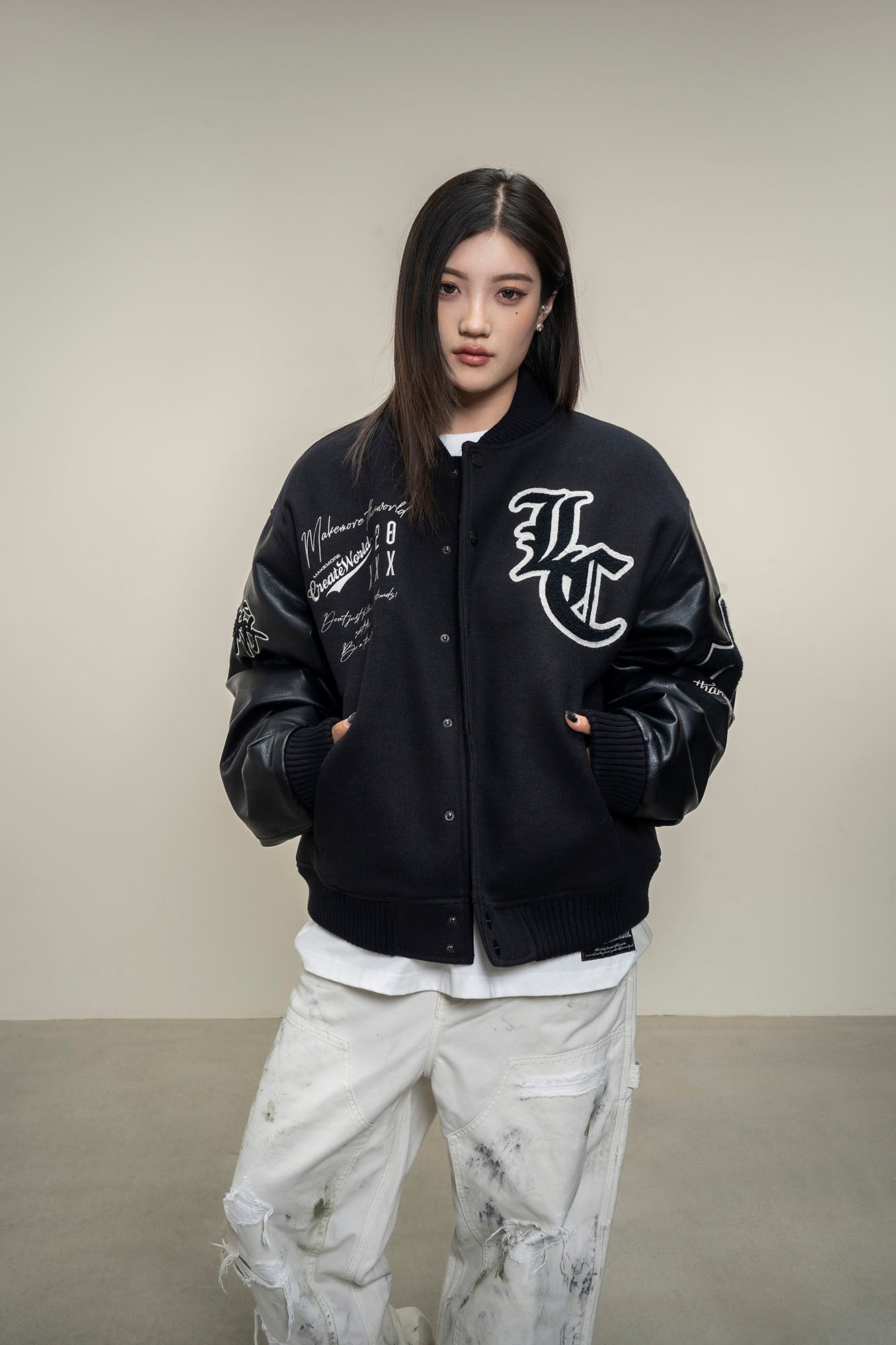 MAKEMORE Gothic Patch PU Sleeve Padded Varsity Jacket