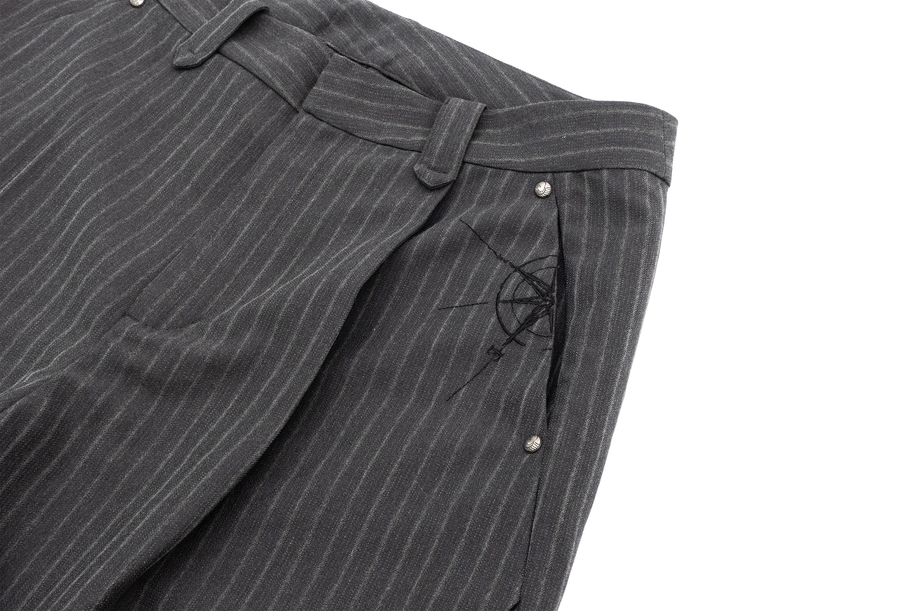 IN EXISTENCE Stripe Pleated Embroidery Curved Pants