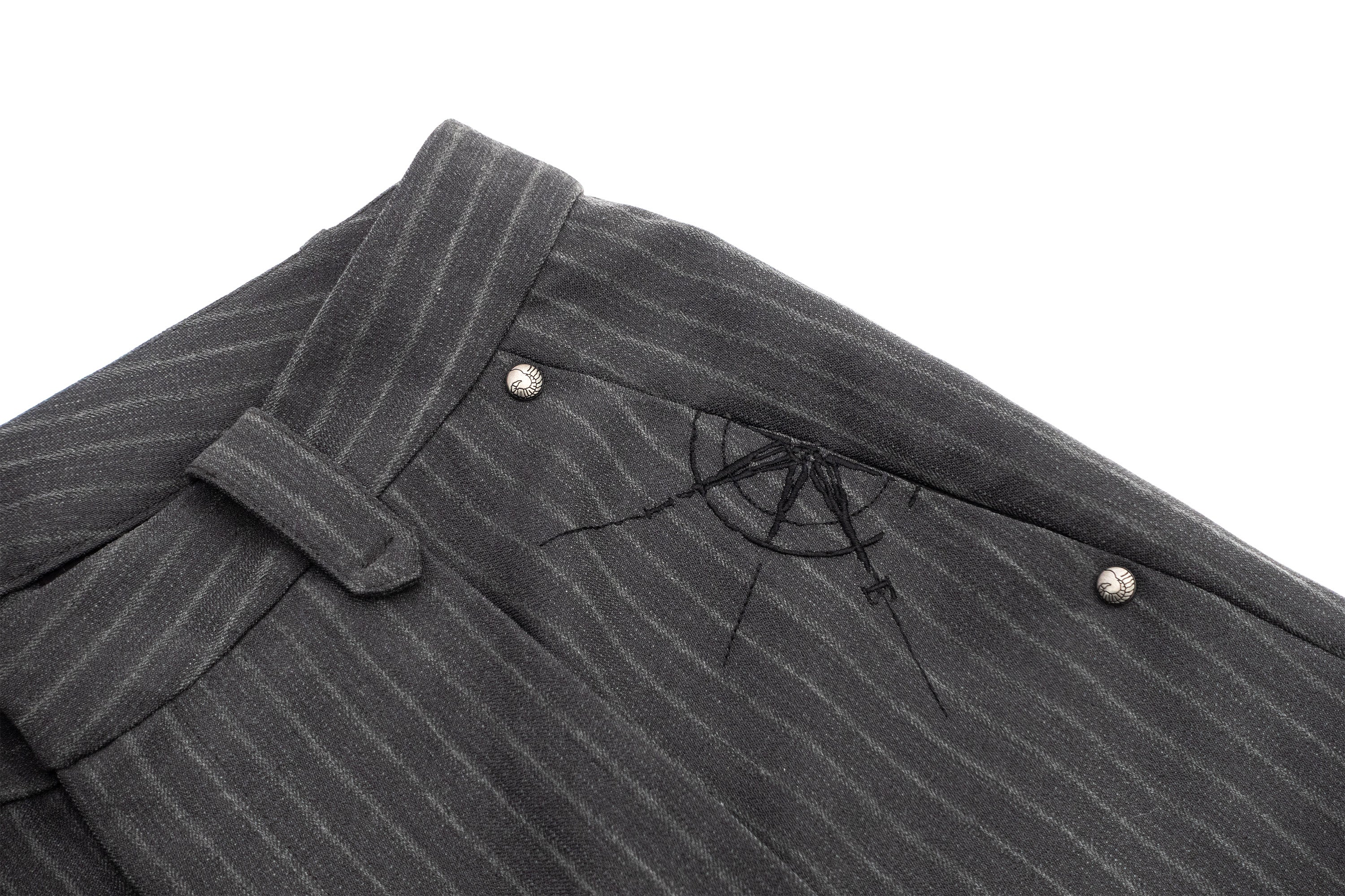 IN EXISTENCE Stripe Pleated Embroidery Curved Pants