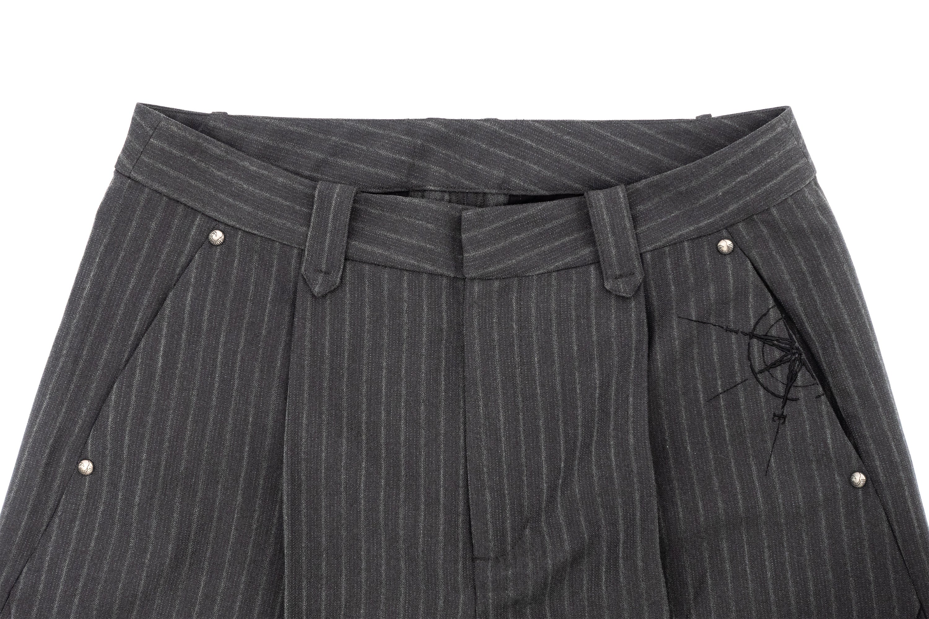 IN EXISTENCE Stripe Pleated Embroidery Curved Pants