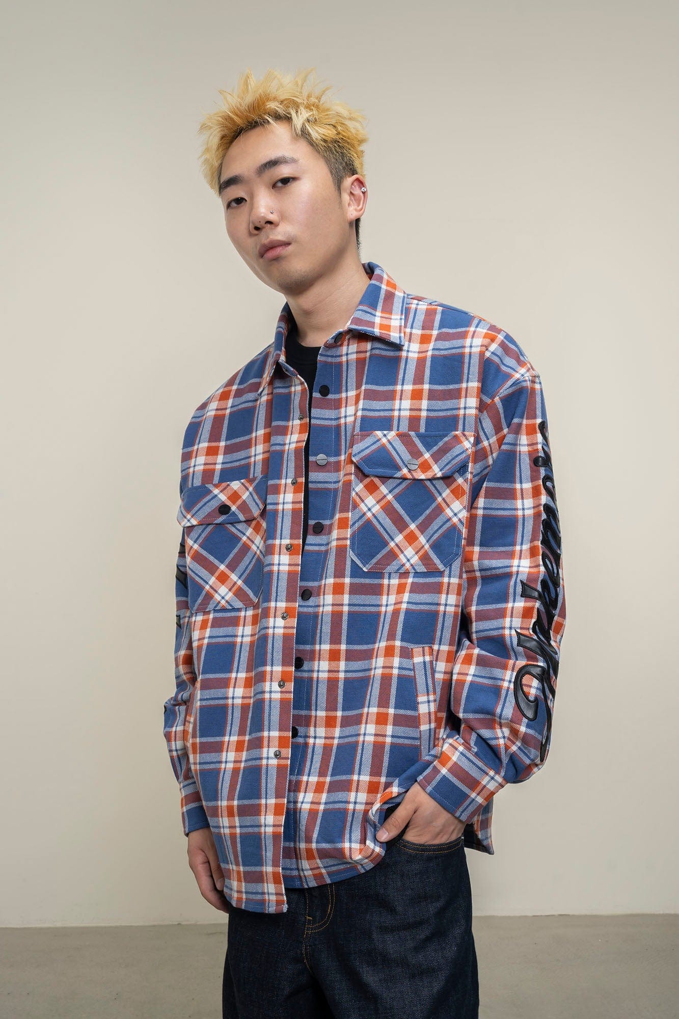 MAKEMORE Flap Pocket Plaid LOGO Patch Shirt, premium urban and streetwear designers apparel on PROJECTISR.com, MAKEMORE