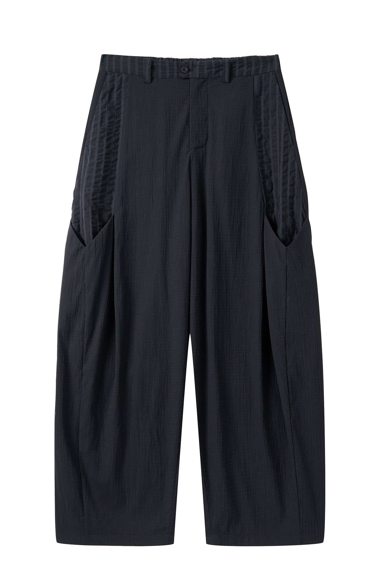MOITIEDEPETALE Seersucker Curved Pleated Trousers
