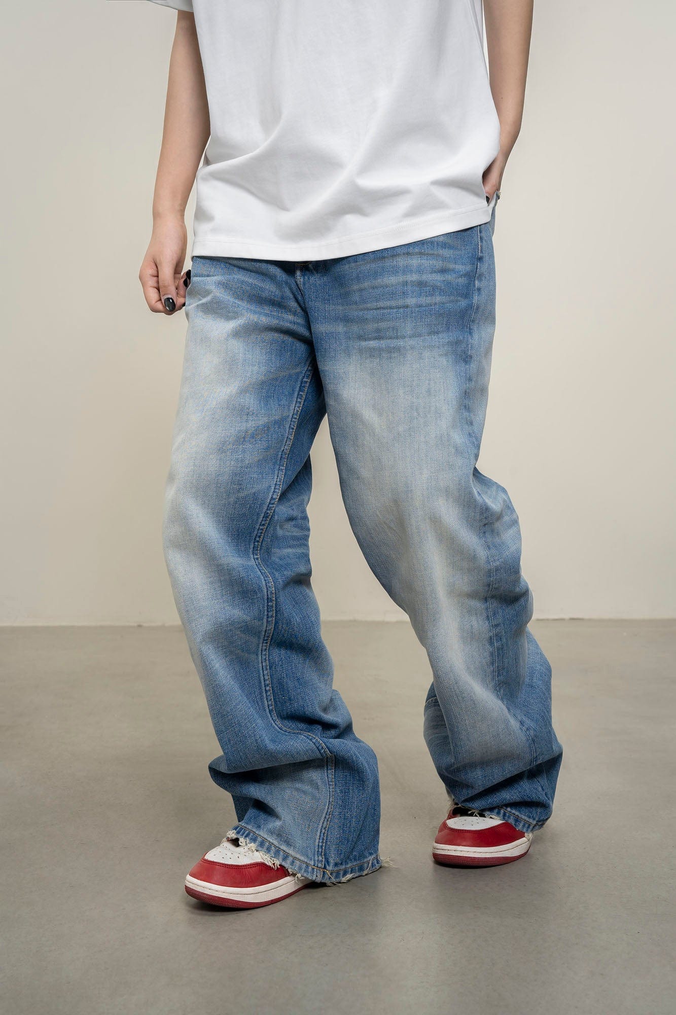 MAKEMORE Distress Faded Raw Hem Jeans, premium urban and streetwear designers apparel on PROJECTISR.com, MAKEMORE