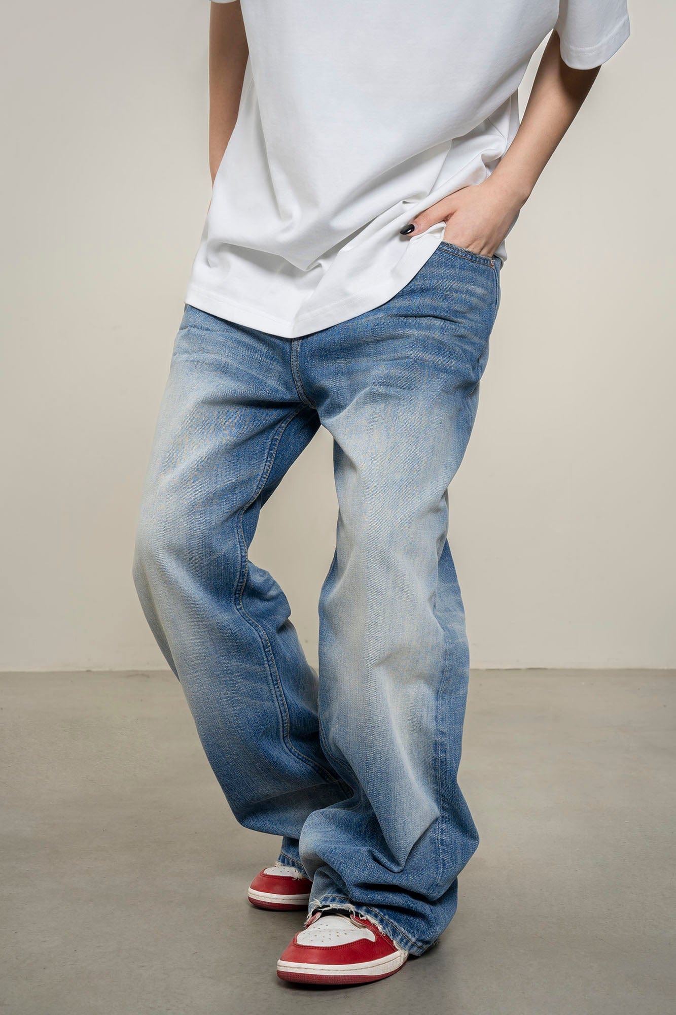 MAKEMORE Distress Faded Raw Hem Jeans, premium urban and streetwear designers apparel on PROJECTISR.com, MAKEMORE
