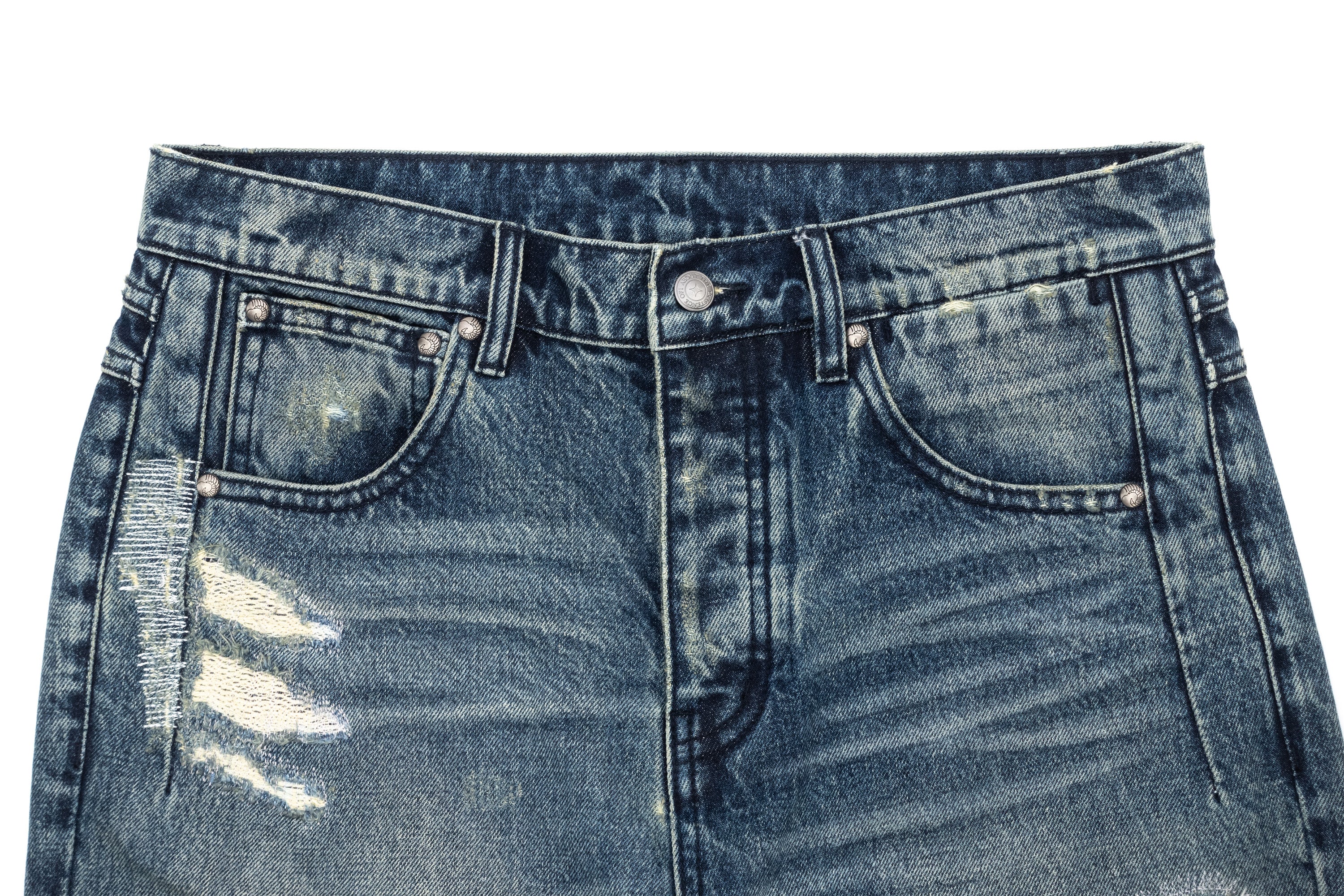 IN EXISTENCE Distressed Stitched Patch Flared Jeans