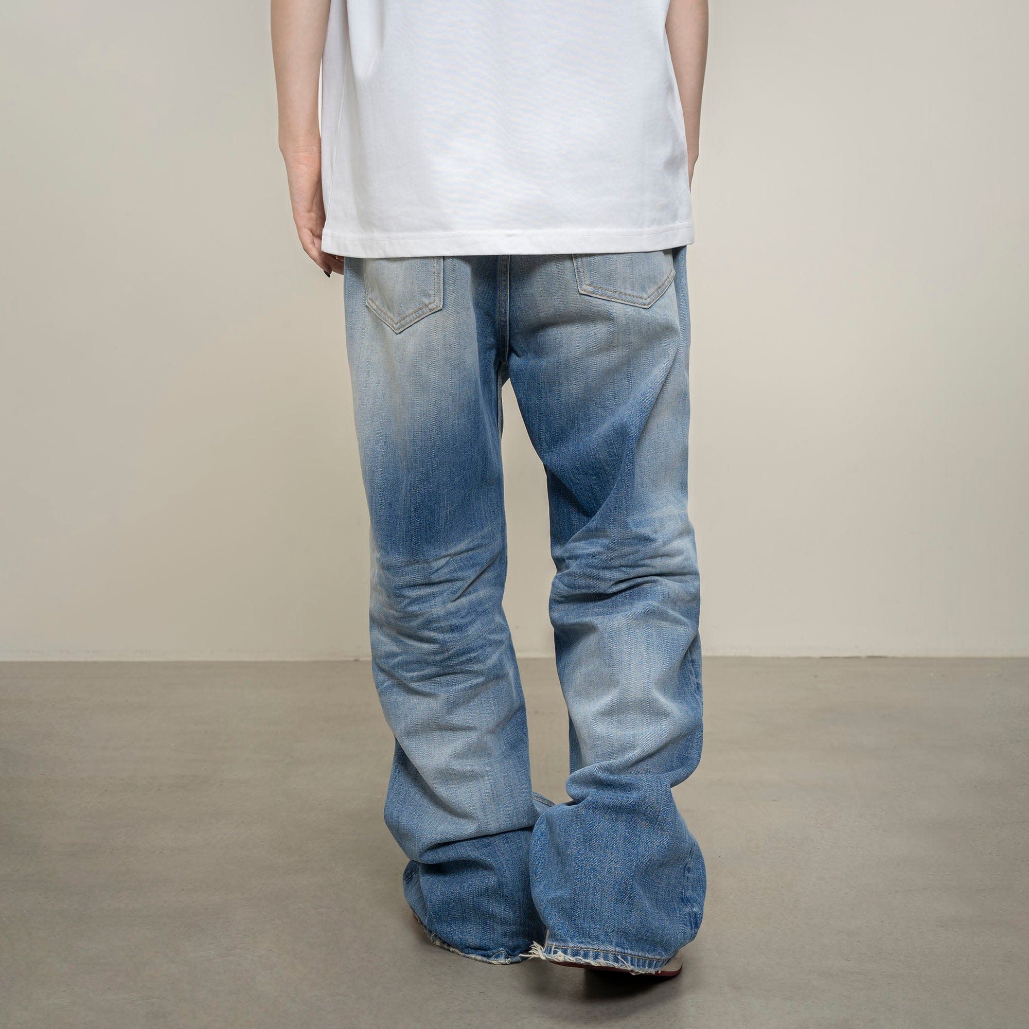 MAKEMORE Distress Faded Raw Hem Jeans, premium urban and streetwear designers apparel on PROJECTISR.com, MAKEMORE