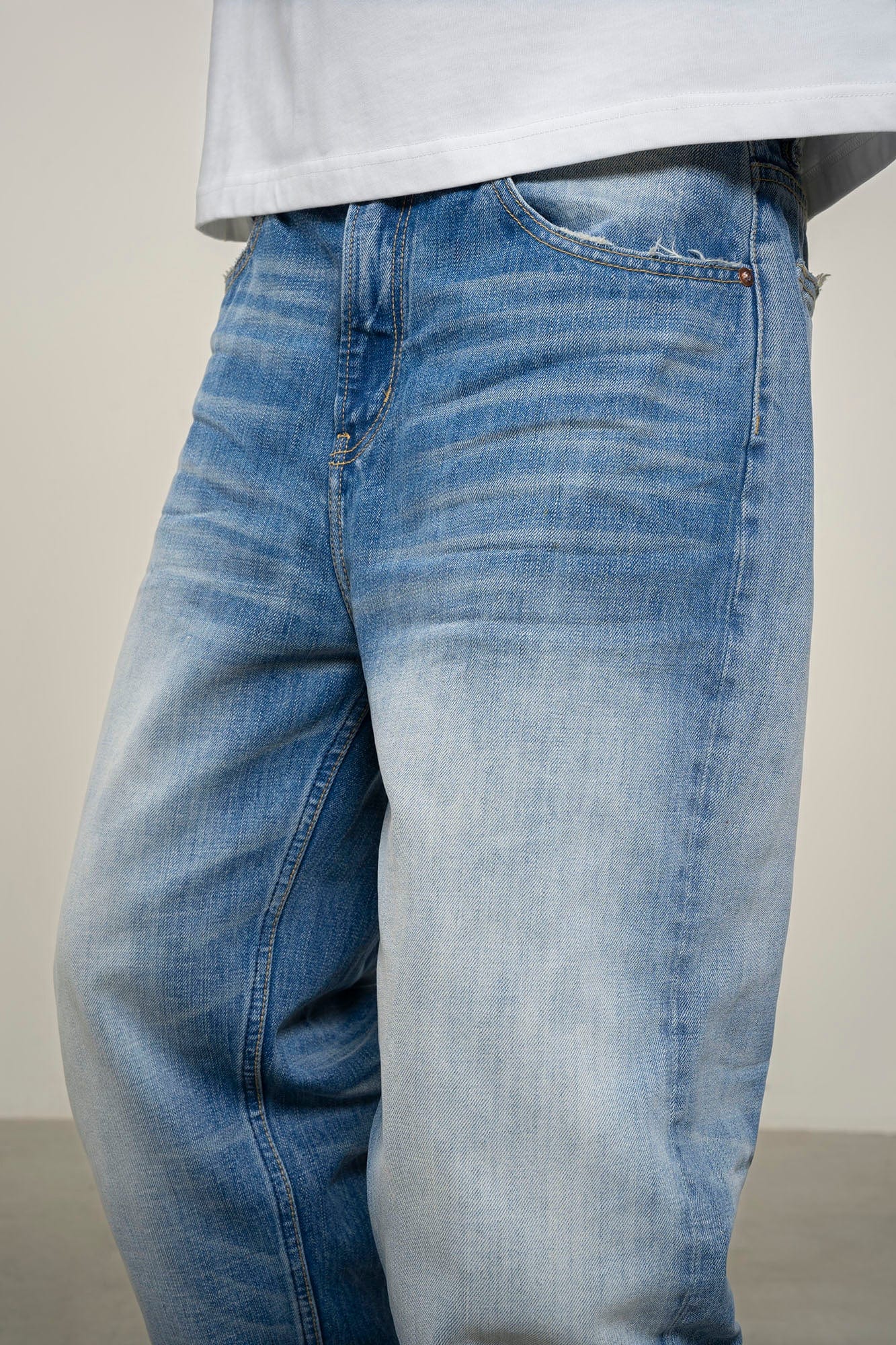 MAKEMORE Distress Faded Raw Hem Jeans, premium urban and streetwear designers apparel on PROJECTISR.com, MAKEMORE