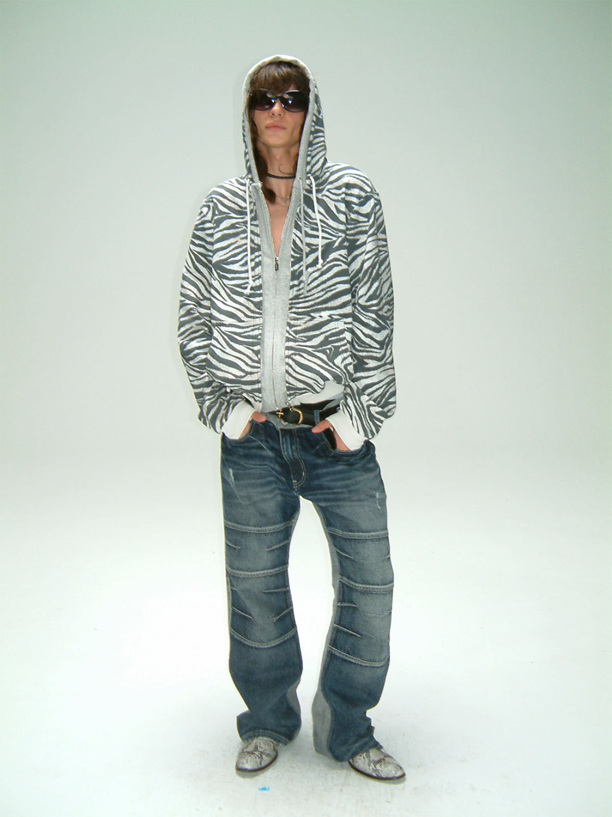 TRECLUB Retro Zebra-Print Zip-Up Hoodie