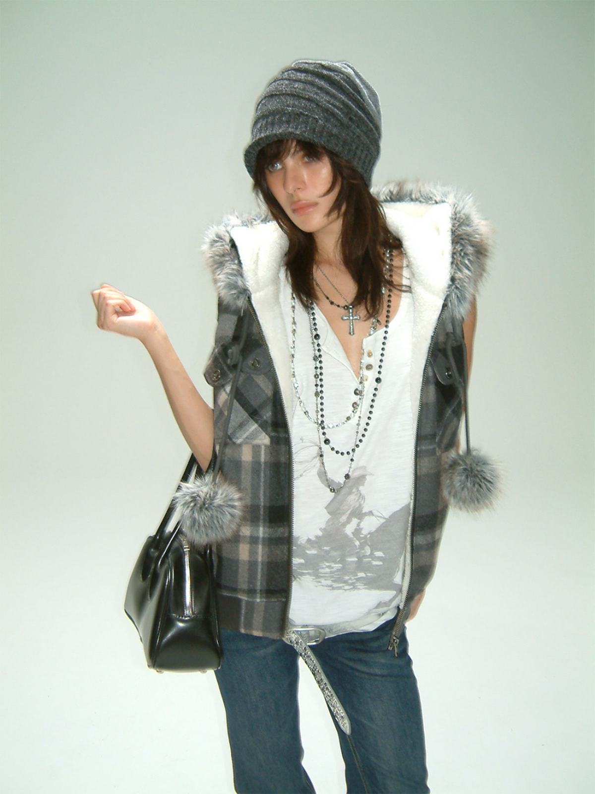 TRECLUB Retro Plaid Hooded Faux Fur Collar Vest