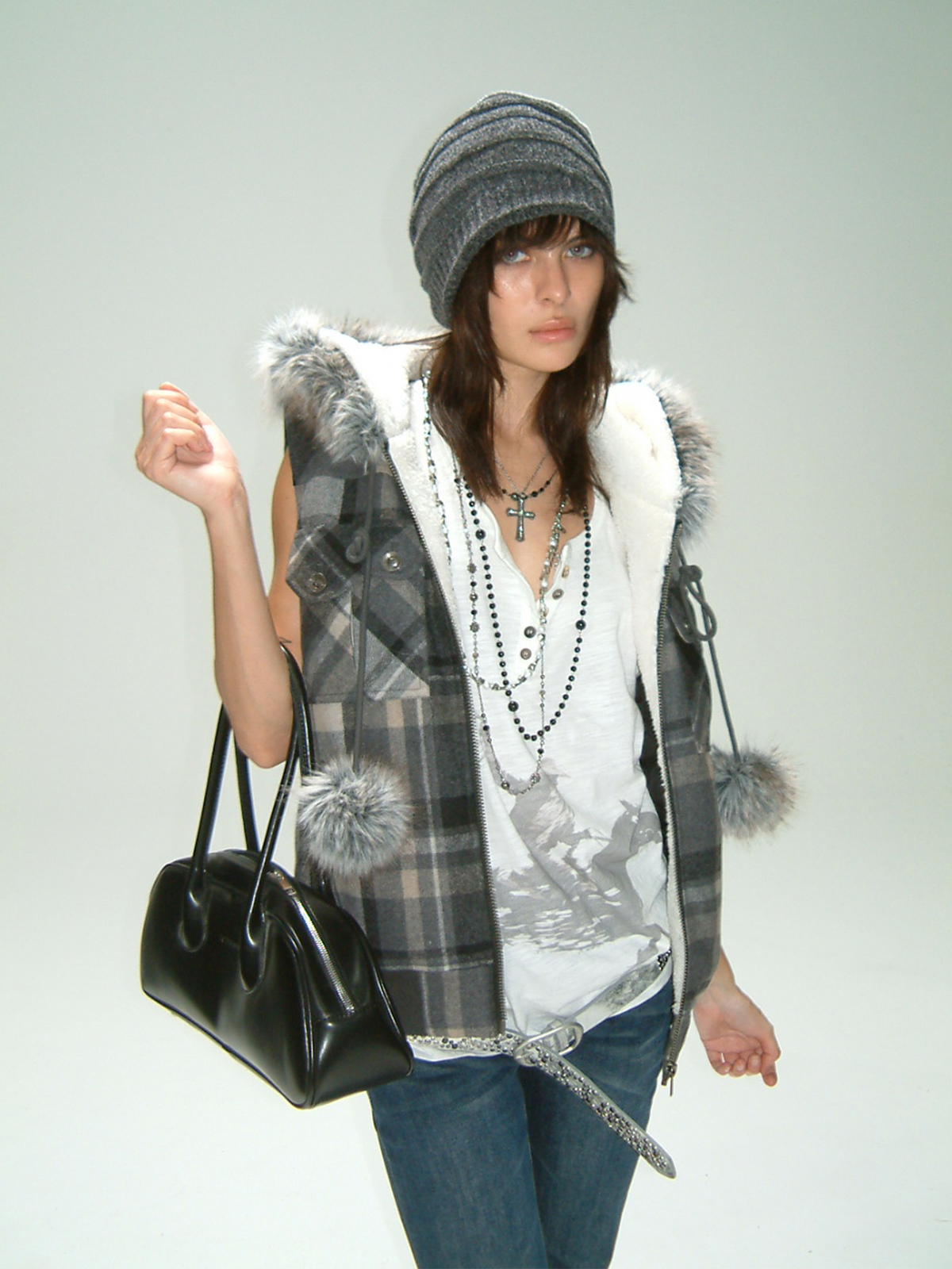 TRECLUB Retro Plaid Hooded Faux Fur Collar Vest