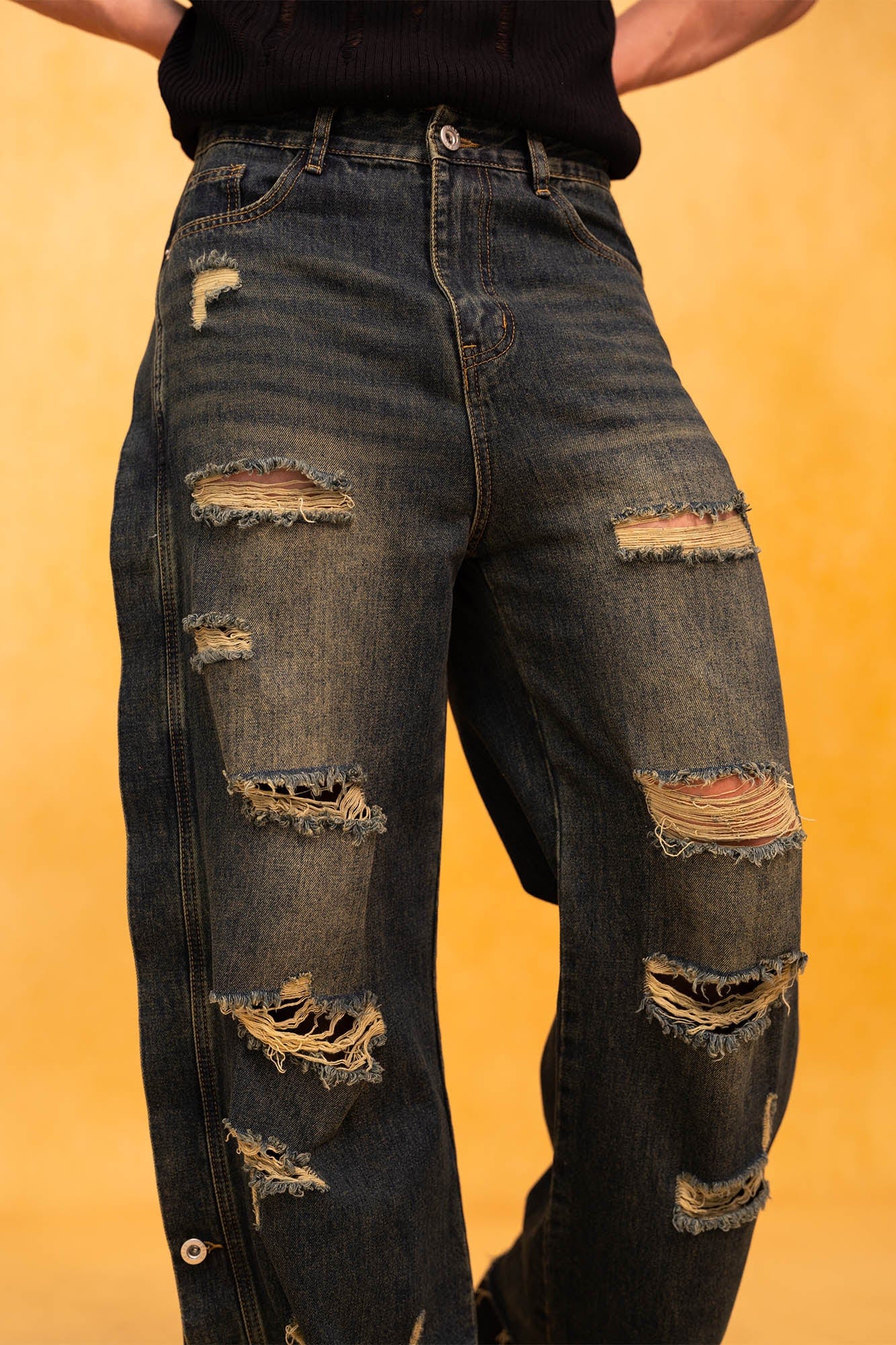 CLP Distressed Buttoned Wide-Leg Jeans, premium urban and streetwear designers apparel on PROJECTISR.com, CLP