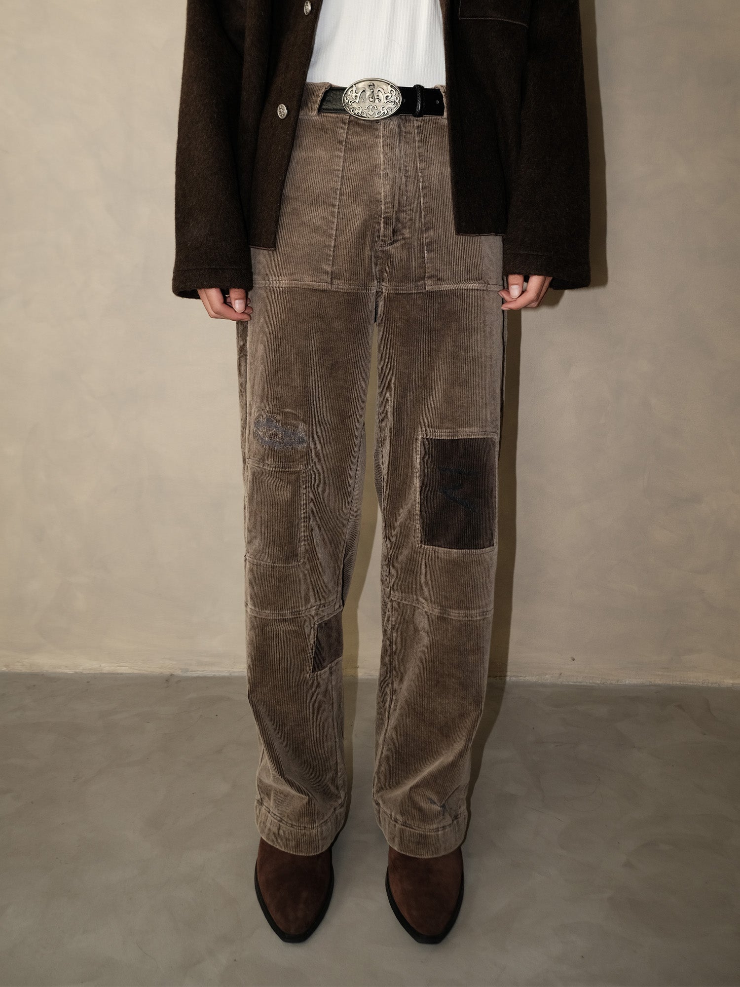 IN EXISTENCE Distressed Corduroy Patched Embroidered Pants