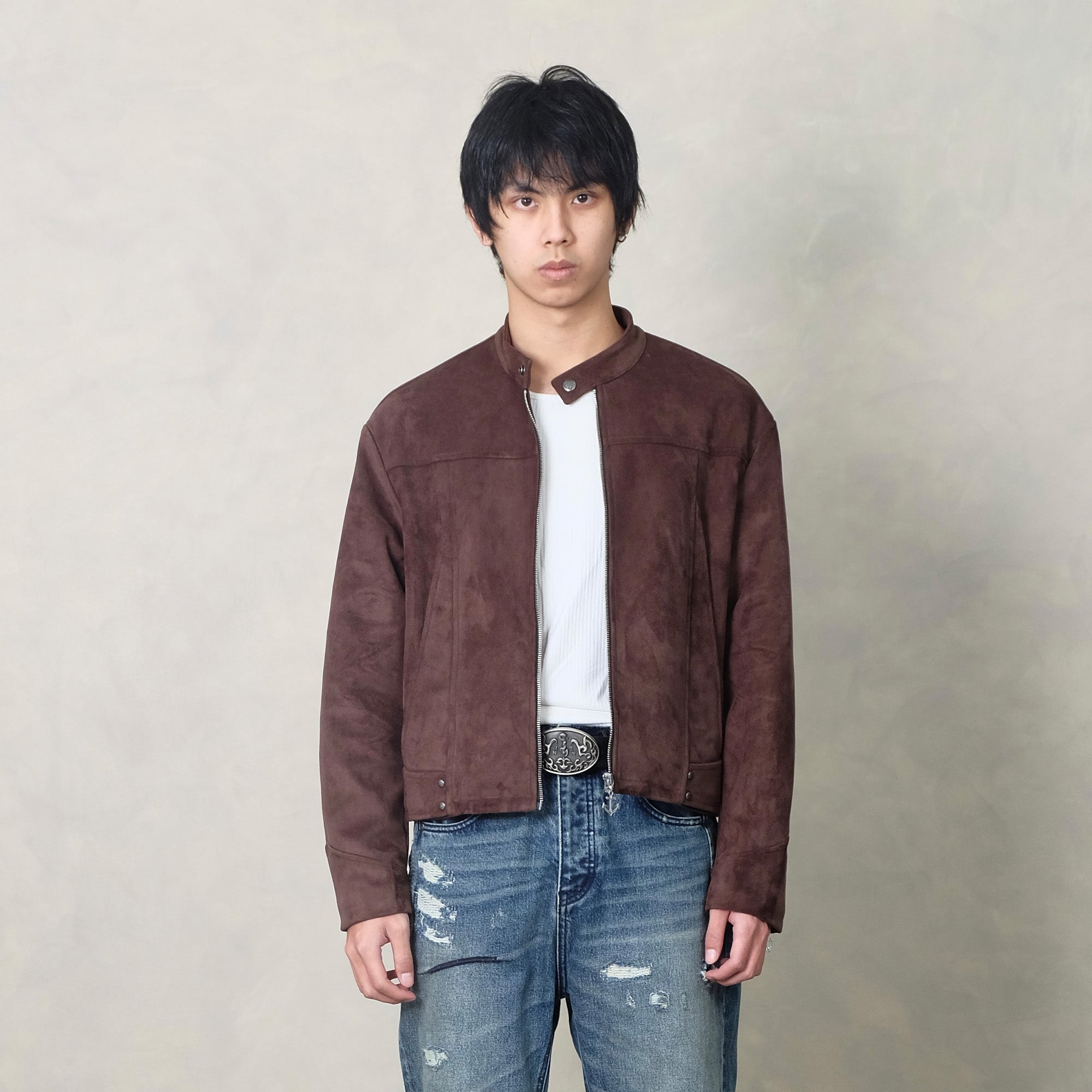 IN EXISTENCE Paneled Faux Suede Rivet Biker Jacket