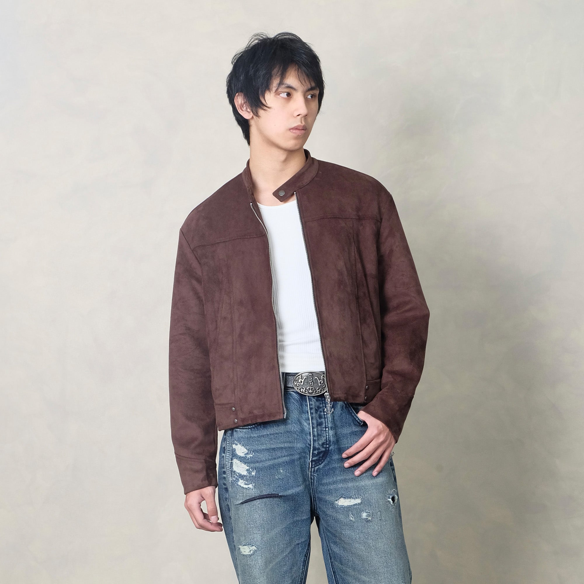 IN EXISTENCE Paneled Faux Suede Rivet Biker Jacket