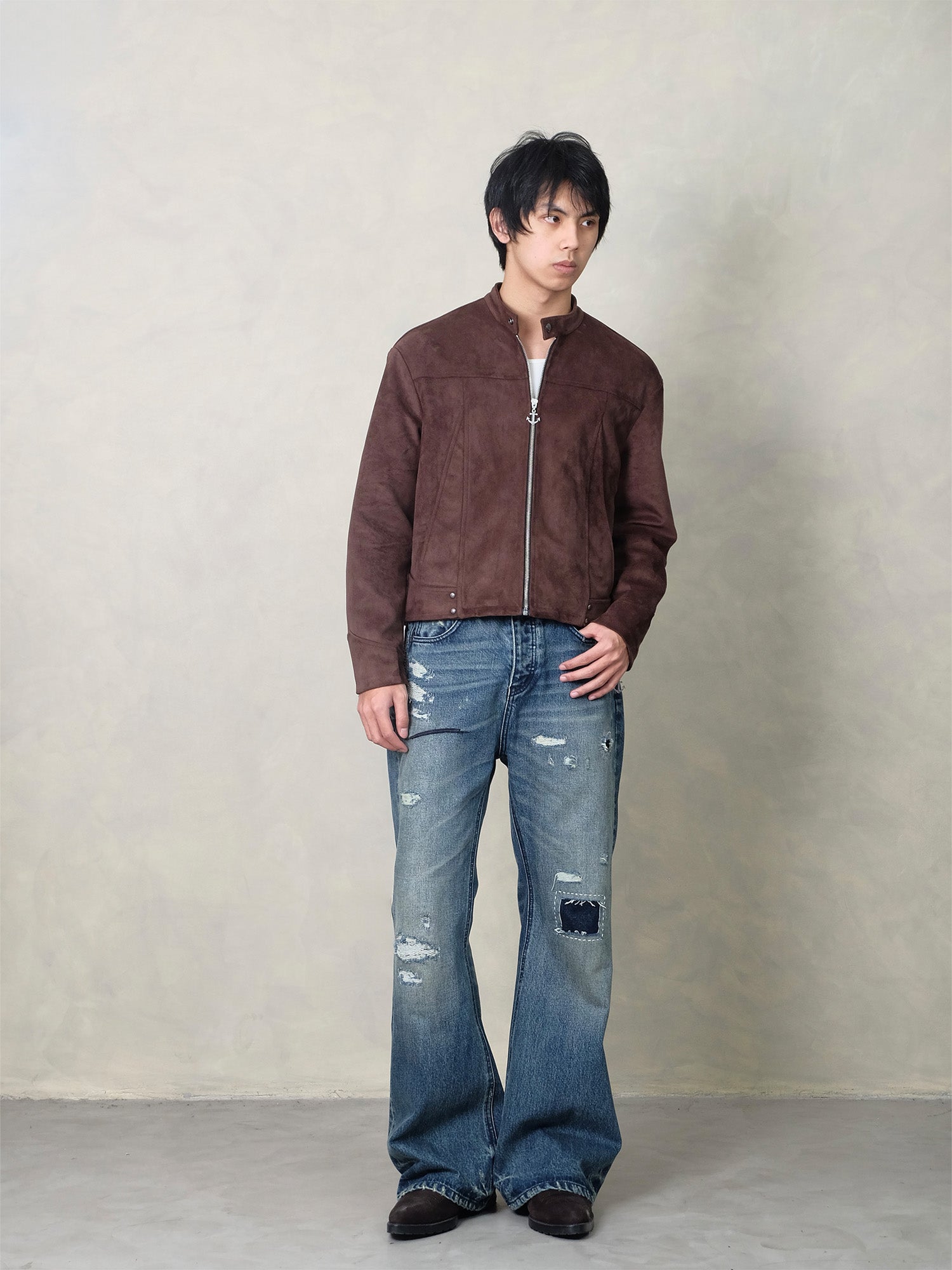 IN EXISTENCE Paneled Faux Suede Rivet Biker Jacket