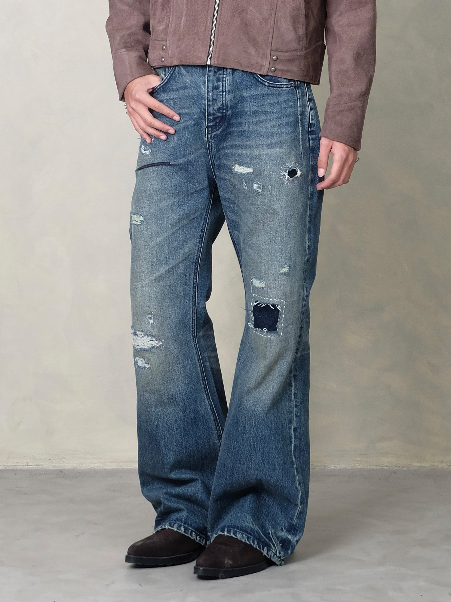 IN EXISTENCE Distressed Stitched Patch Flared Jeans
