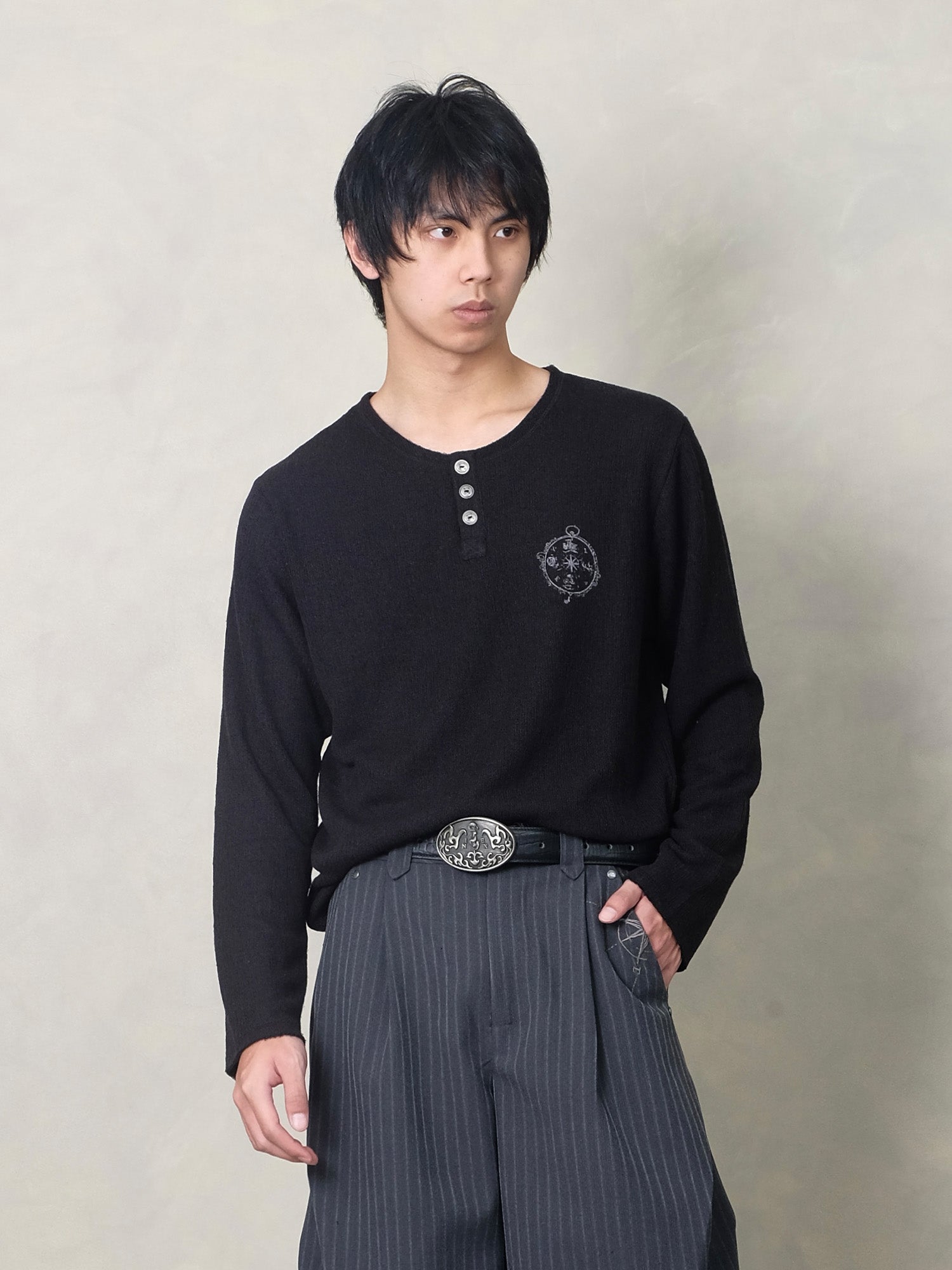 IN EXISTENCE Raw Hem Henley Long-Sleeve Tee