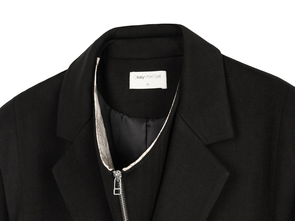 OKAYTHXBYE Convertible Jacquard Zip-Lapel Long Coat, premium urban and streetwear designers apparel on PROJECTISR.com, OKAYTHXBYE