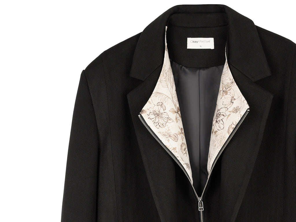OKAYTHXBYE Convertible Jacquard Zip-Lapel Long Coat, premium urban and streetwear designers apparel on PROJECTISR.com, OKAYTHXBYE