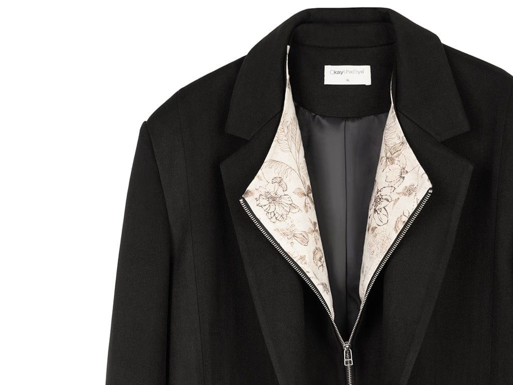 OKAYTHXBYE Convertible Jacquard Zip-Lapel Long Coat, premium urban and streetwear designers apparel on PROJECTISR.com, OKAYTHXBYE
