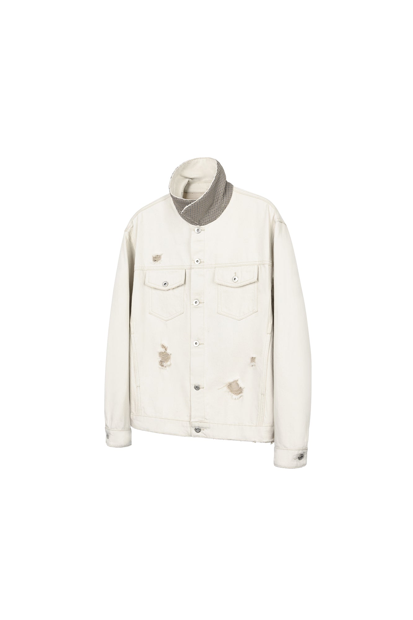 OKAYTHXBYE Distressed Houndstooth-Lined Frayed Jacket, premium urban and streetwear designers apparel on PROJECTISR.com, OKAYTHXBYE