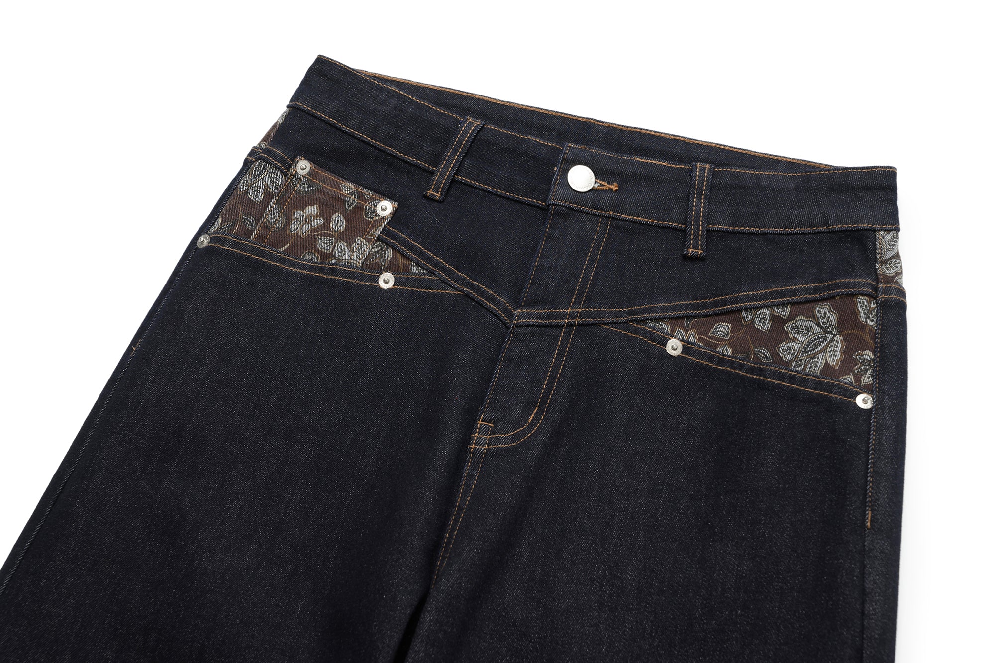 OKAYTHXBYE Floral Paneled Waist Raw Jeans, premium urban and streetwear designers apparel on PROJECTISR.com, OKAYTHXBYE