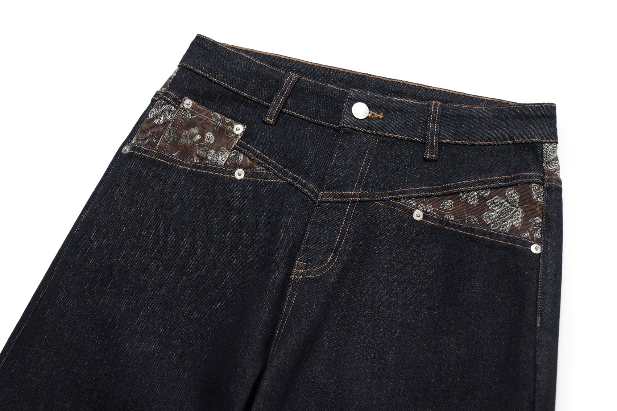 OKAYTHXBYE Floral Paneled Waist Raw Jeans, premium urban and streetwear designers apparel on PROJECTISR.com, OKAYTHXBYE