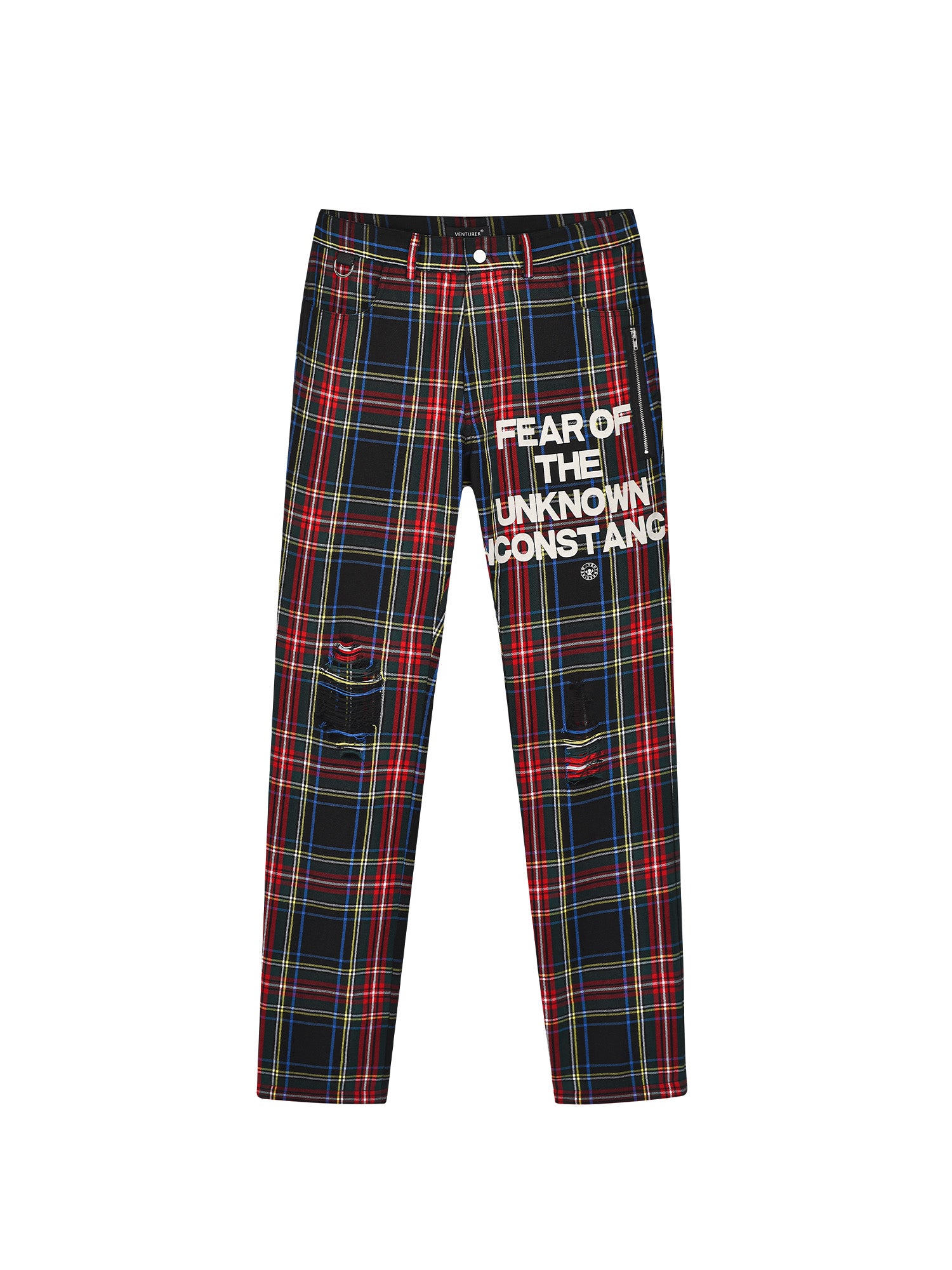 VENTUREK Distressed Zippered-Hem Slogan Slim Plaid Pants, premium urban and streetwear designers apparel on PROJECTISR.com, VENTUREK