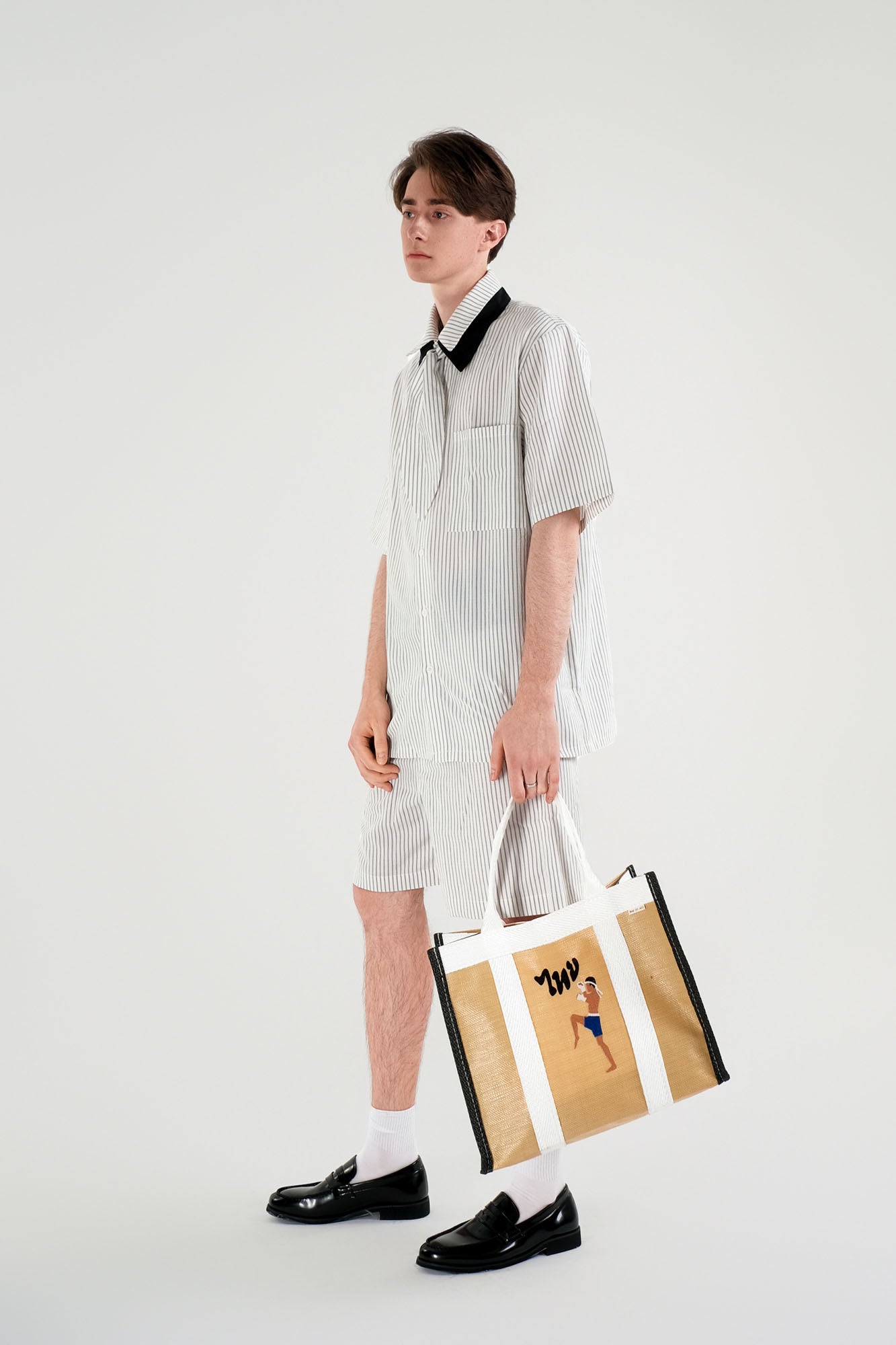 WIID Striped Contrast-Collar Tie-Neck Half Shirt, premium urban and streetwear designers apparel on PROJECTISR.com, WIID