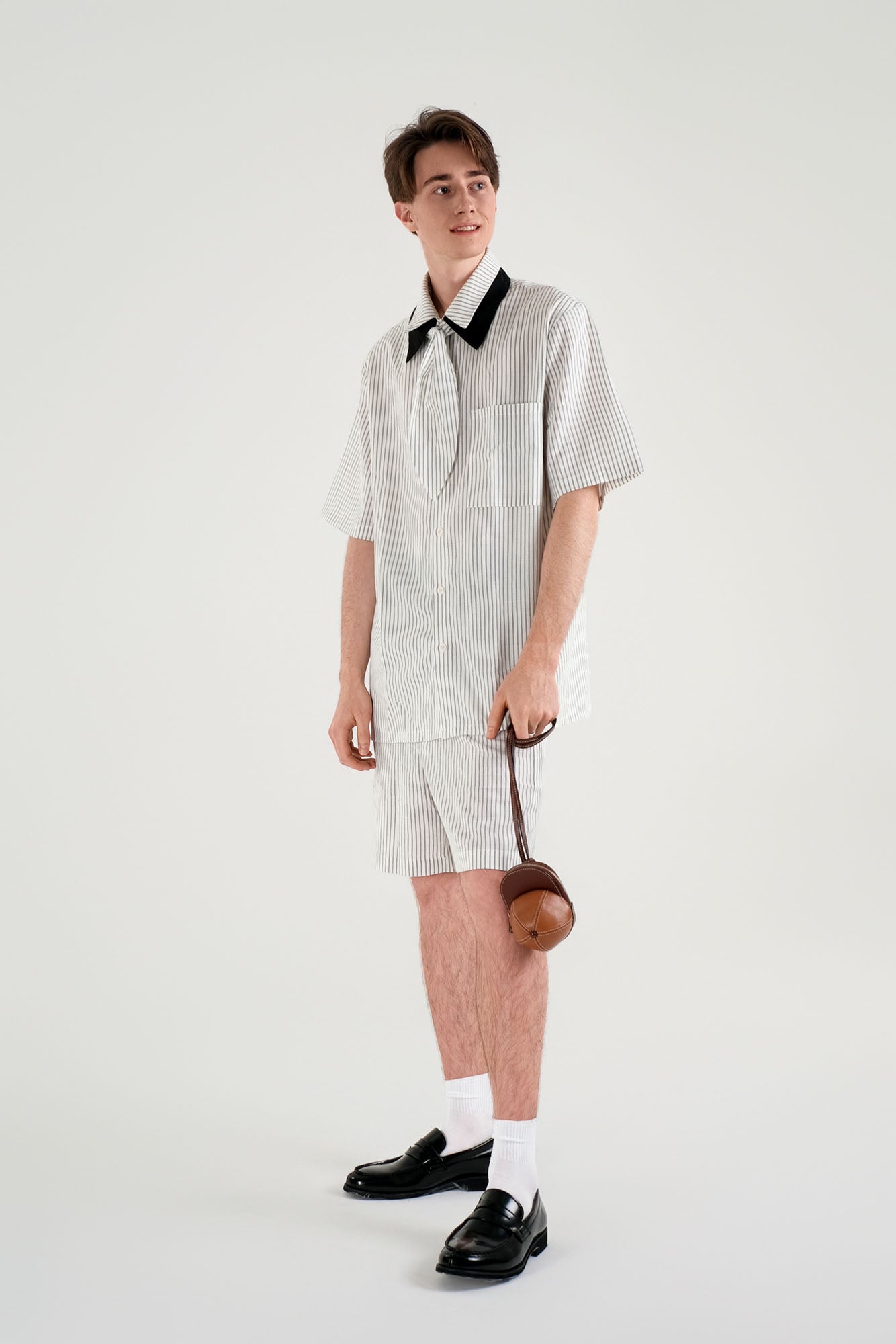 WIID Striped Contrast-Collar Tie-Neck Half Shirt, premium urban and streetwear designers apparel on PROJECTISR.com, WIID